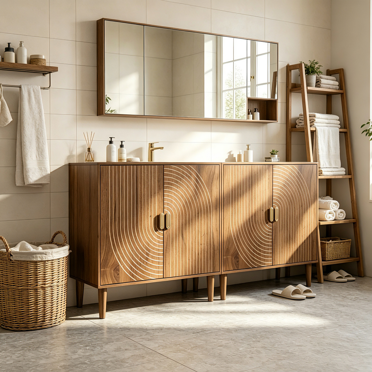 Smuxee Modern Wooden Bathroom Storage Cabinet with Carved Doors & Shelves, Freestanding Bathroom Storage Organizer,Walnut