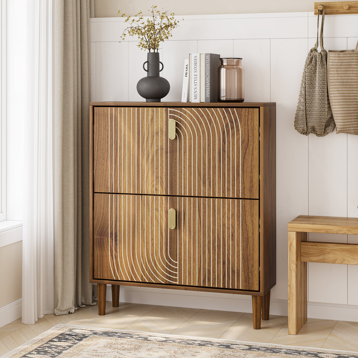 Smart FENDEE Shoe Cabinet with 2 Flip Drawers, Shoe Rack for Entryway, Hallway, 31.5", Walnut