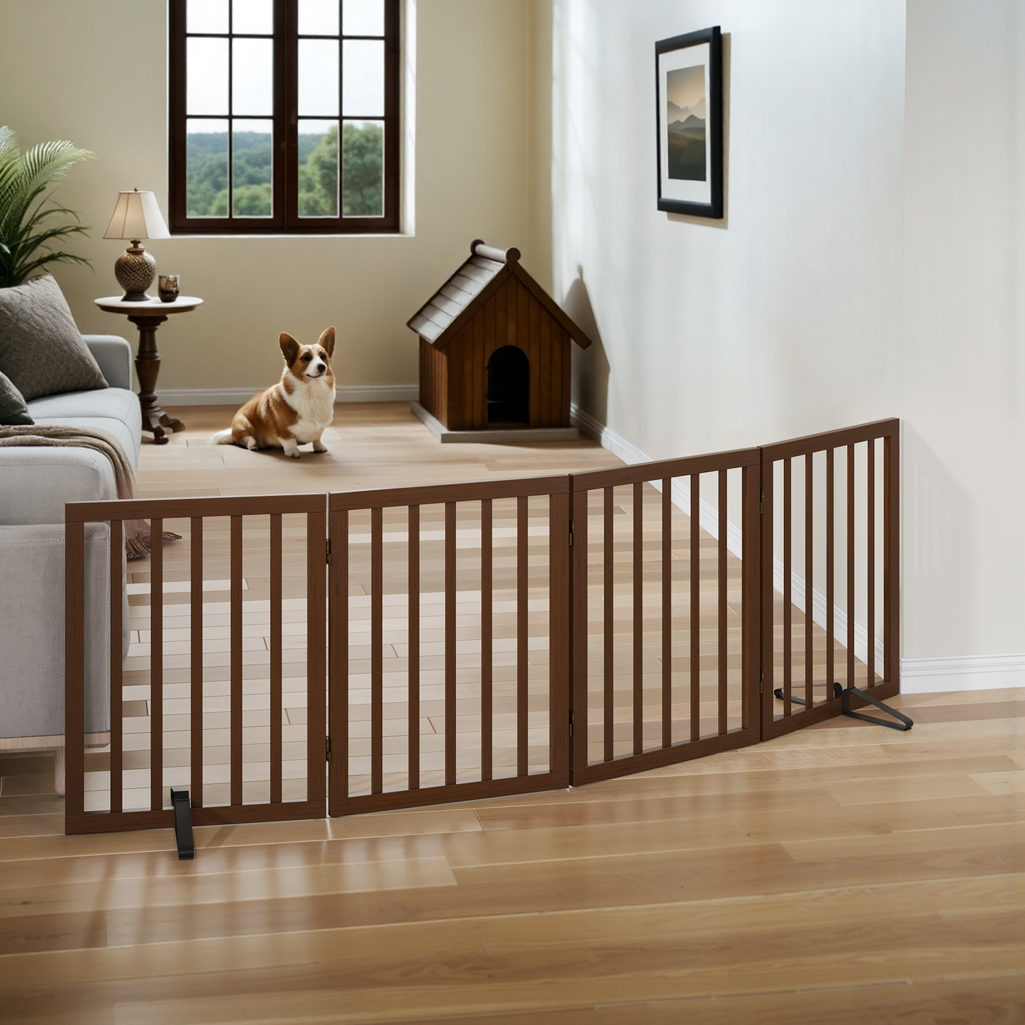Smart FENDEE Bamboo Dog Gate Freestanding 4 Panel Pet Gate for Doorways, 2 Support Feet, Espresso