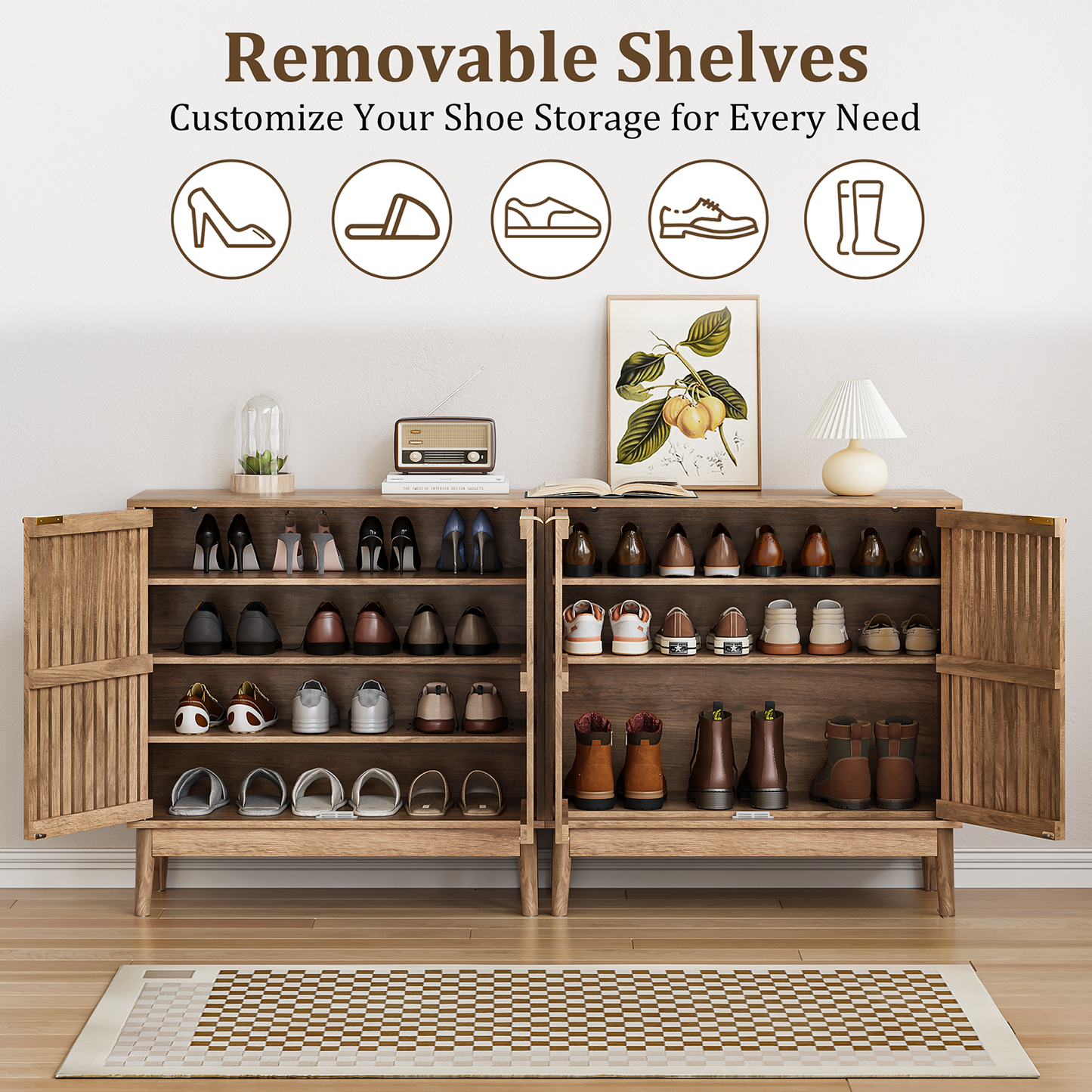 Semiocthome 4 Tiers Shoe Storage Cabinet for Hallway, 2-Door, 16 Pairs Shoe Rack Organizer, Natural