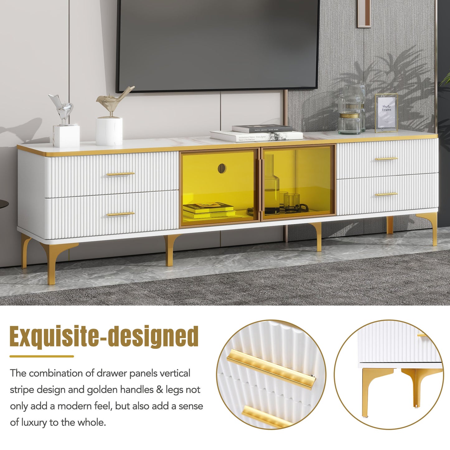 Semiocthome LED TV Stand for TVs Up to 78'' with Glass Cabinet and 4 Drawer, Living Room