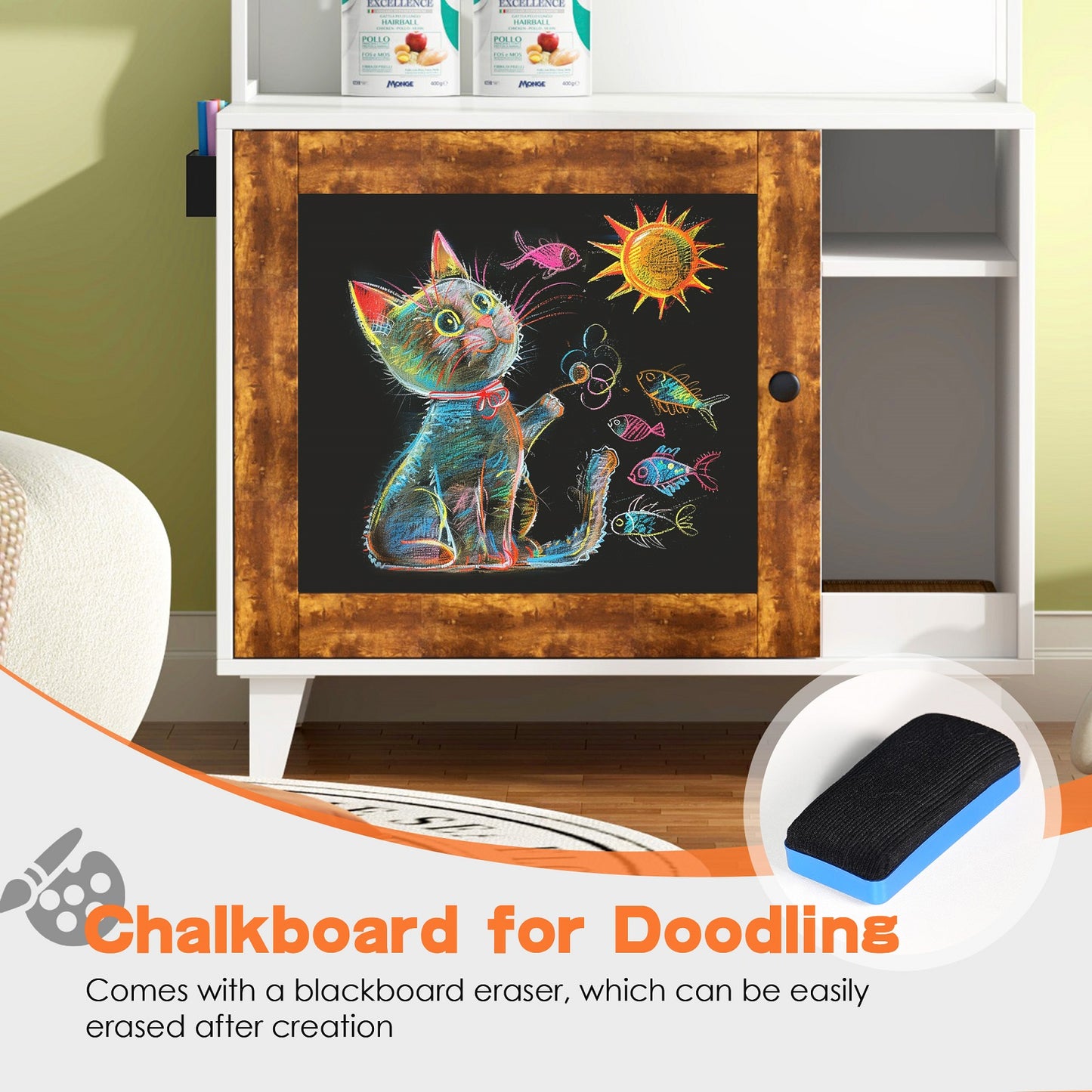 Algherohein Wood Cat Litter Box Enclosure with 2 Shelves and 1 Door,Graffiti Hidden Cat Box