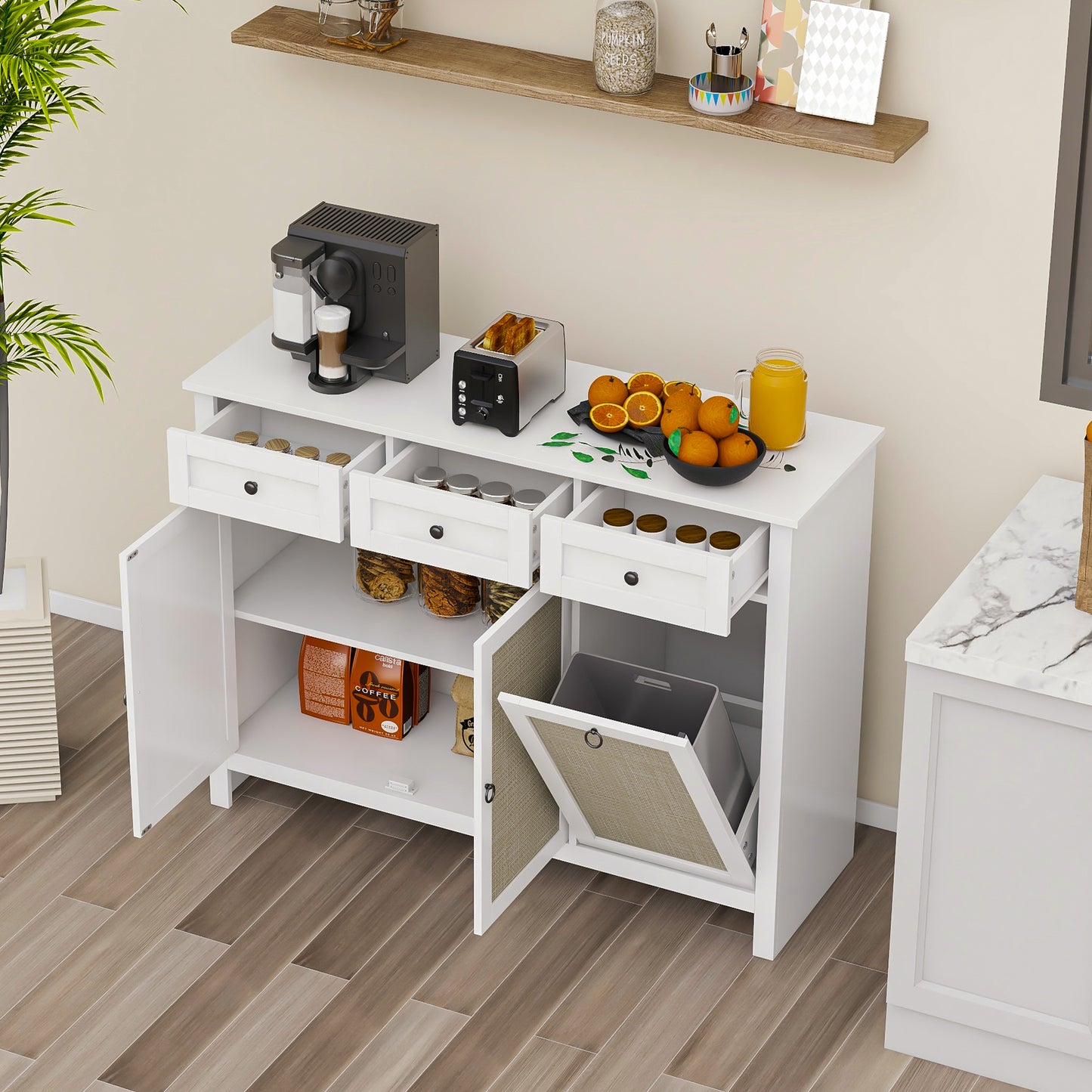 Semiocthome Rattan Storage Cabinet with Tilt Out Trash and 3 Drawers for Kitchen White