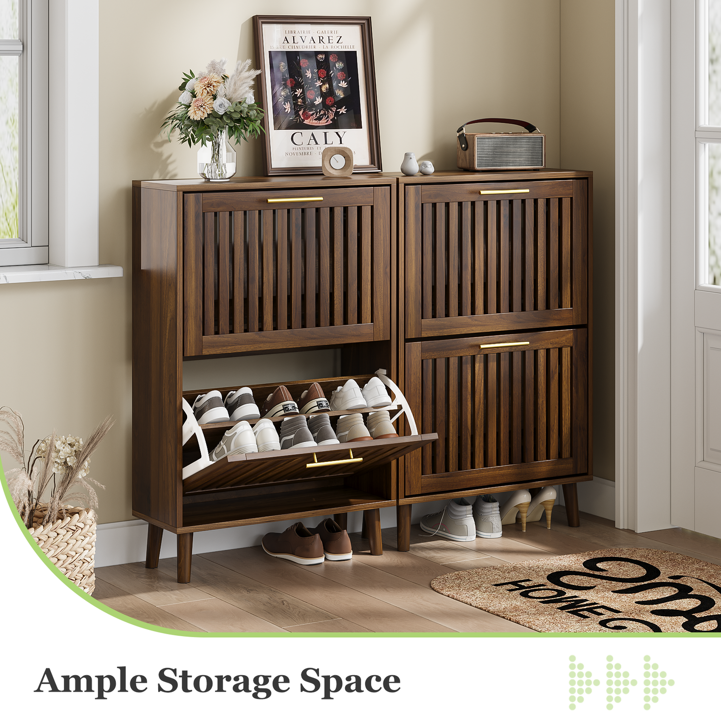 Algherohein Shoe Storage Cabinet with 2 Flip Drawers,Shoe Cabinet Entryway,Fence Walnut