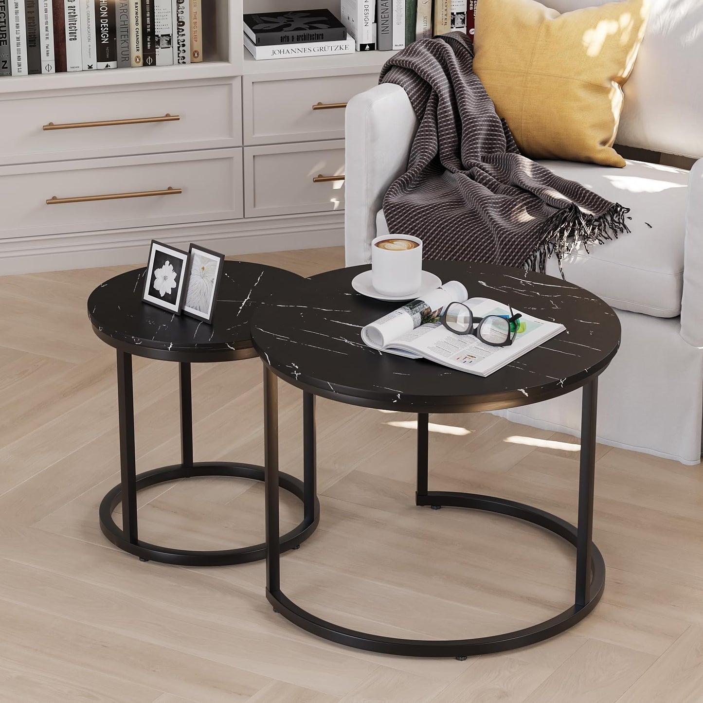 Smuxee Modern Round Wood Nesting Coffee Table Set,End Table for Living Room