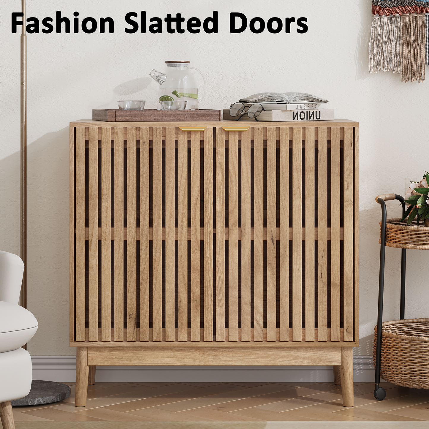 Semiocthome 31.5” Buffet Cabinet with 2 Slatted Doors and Adjustable Shelf for Kitchen, Natural