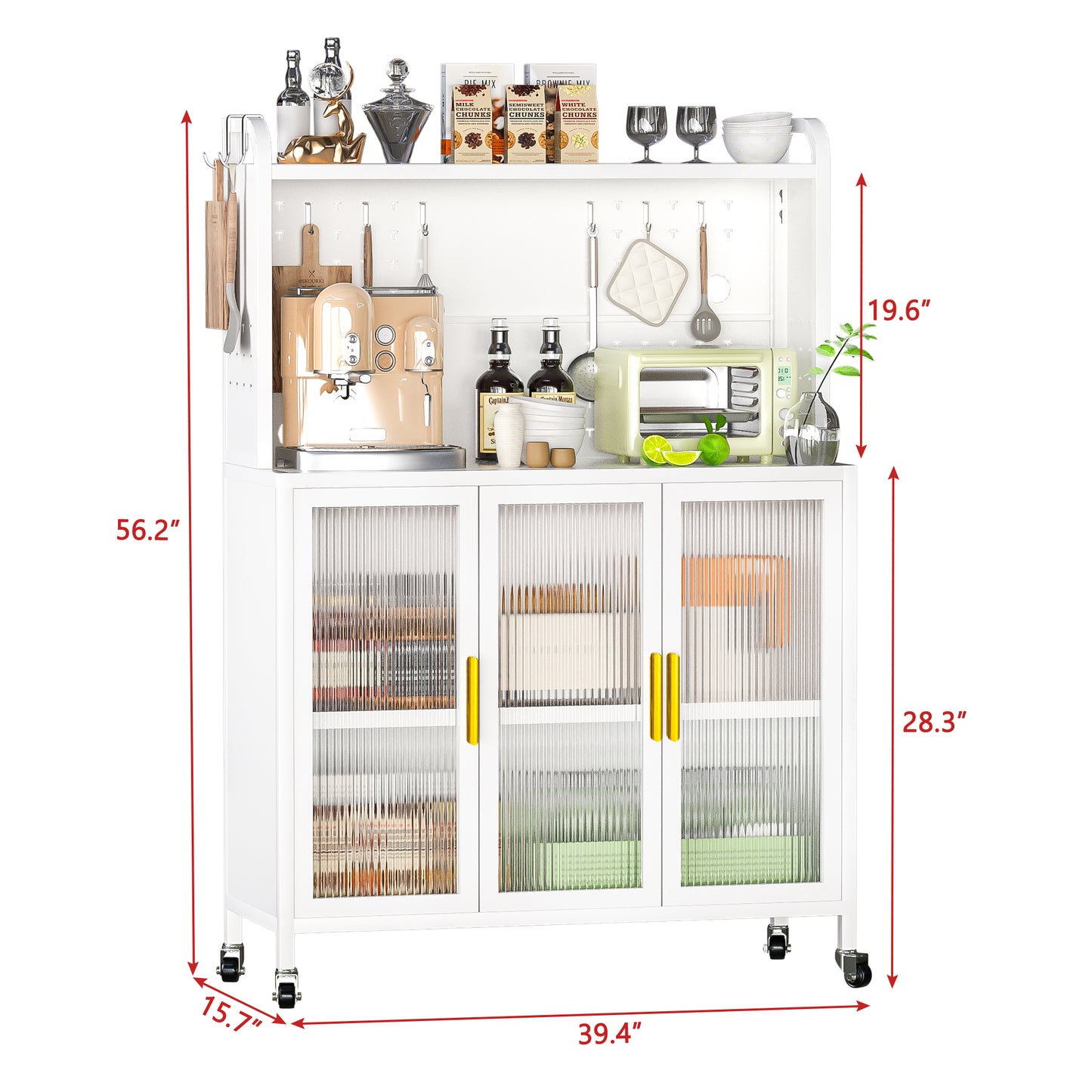 Algherohein Kitchen Pantry Storage Cabinet with Wheels, Transparent Doors and DIY Nail Board