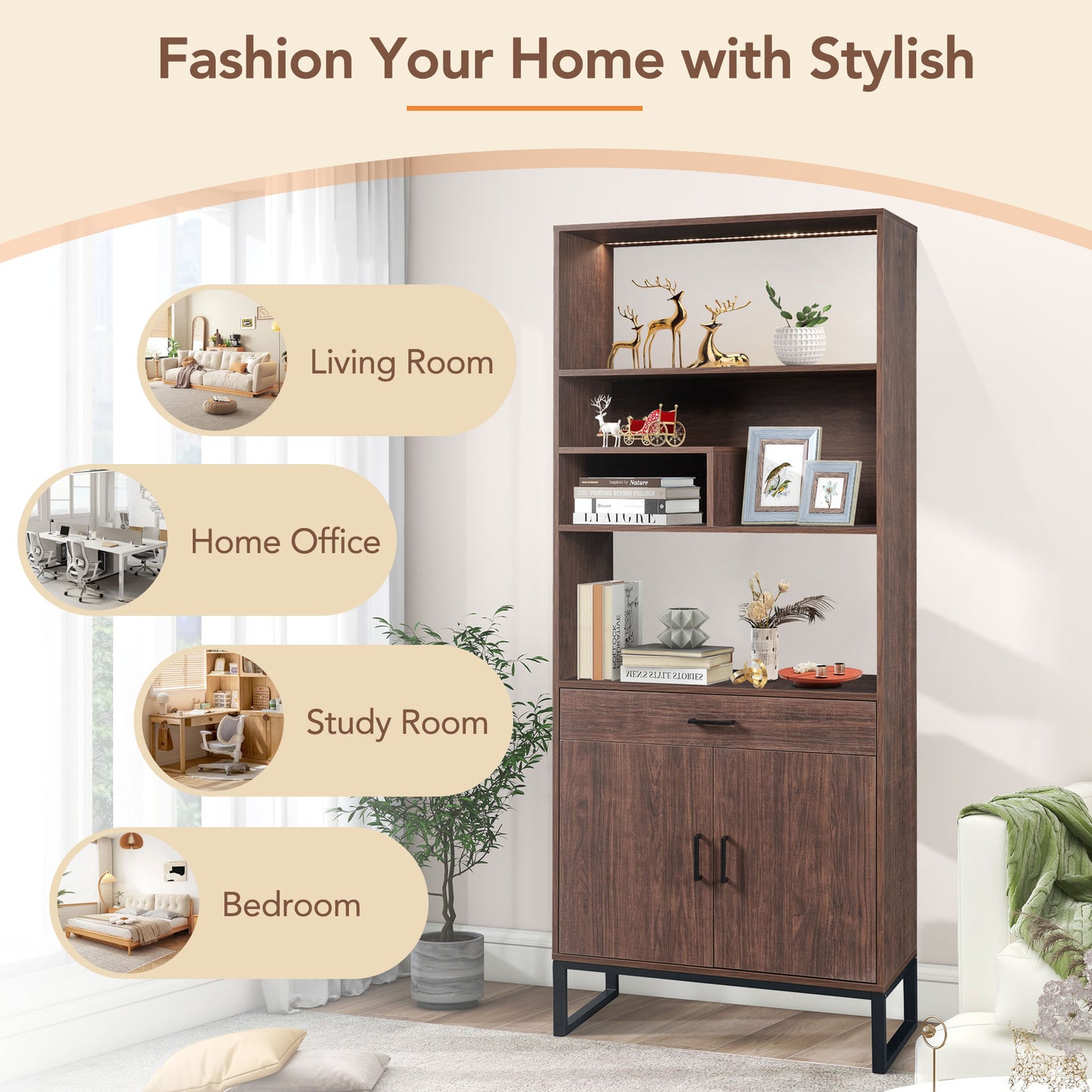 Semiocthome 75.9" Wooden Bookcase with Storage Doors and drawer Display Rack for Living Room,Brown