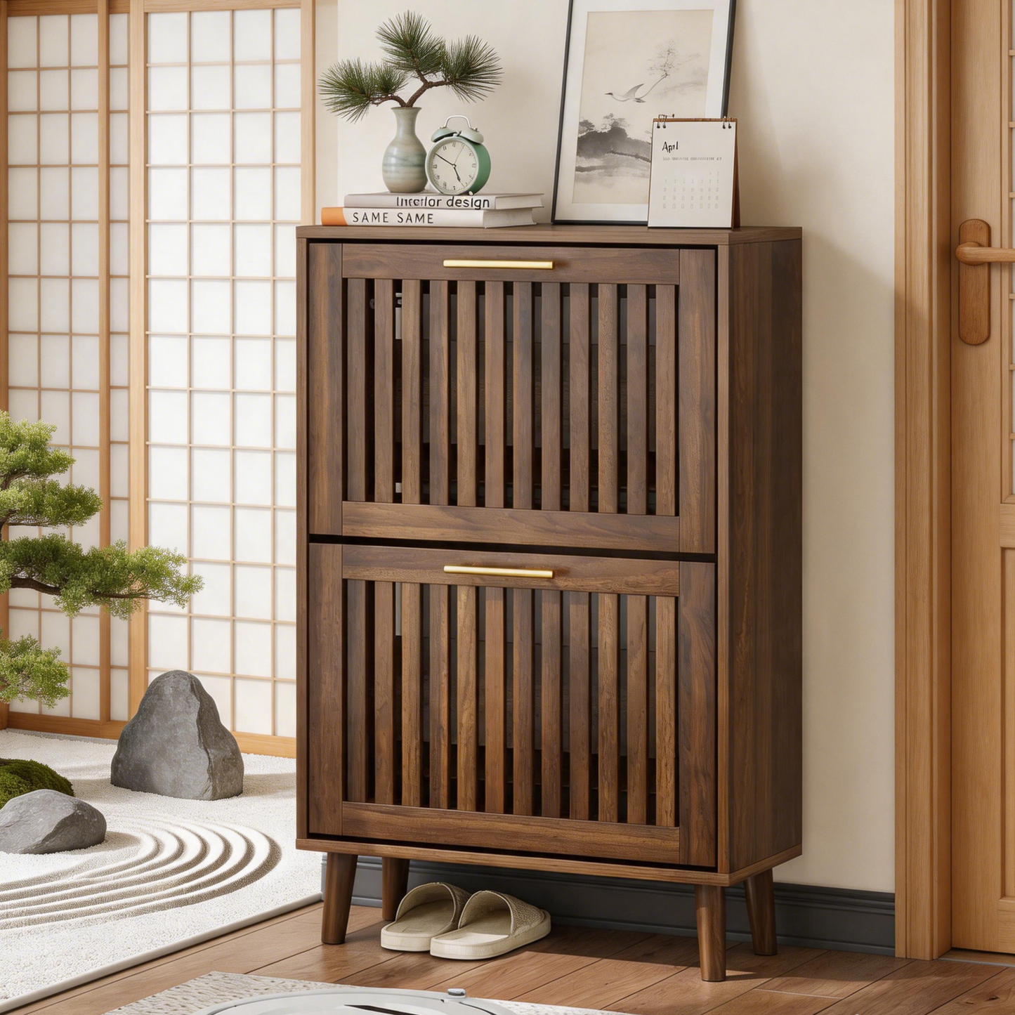 Algherohein Narrow Shoe Cabinet for Entryway, Freestanding Wooden Shoe Organizer Cabinet with 2 Flip Drawers & Adjustable Shelves