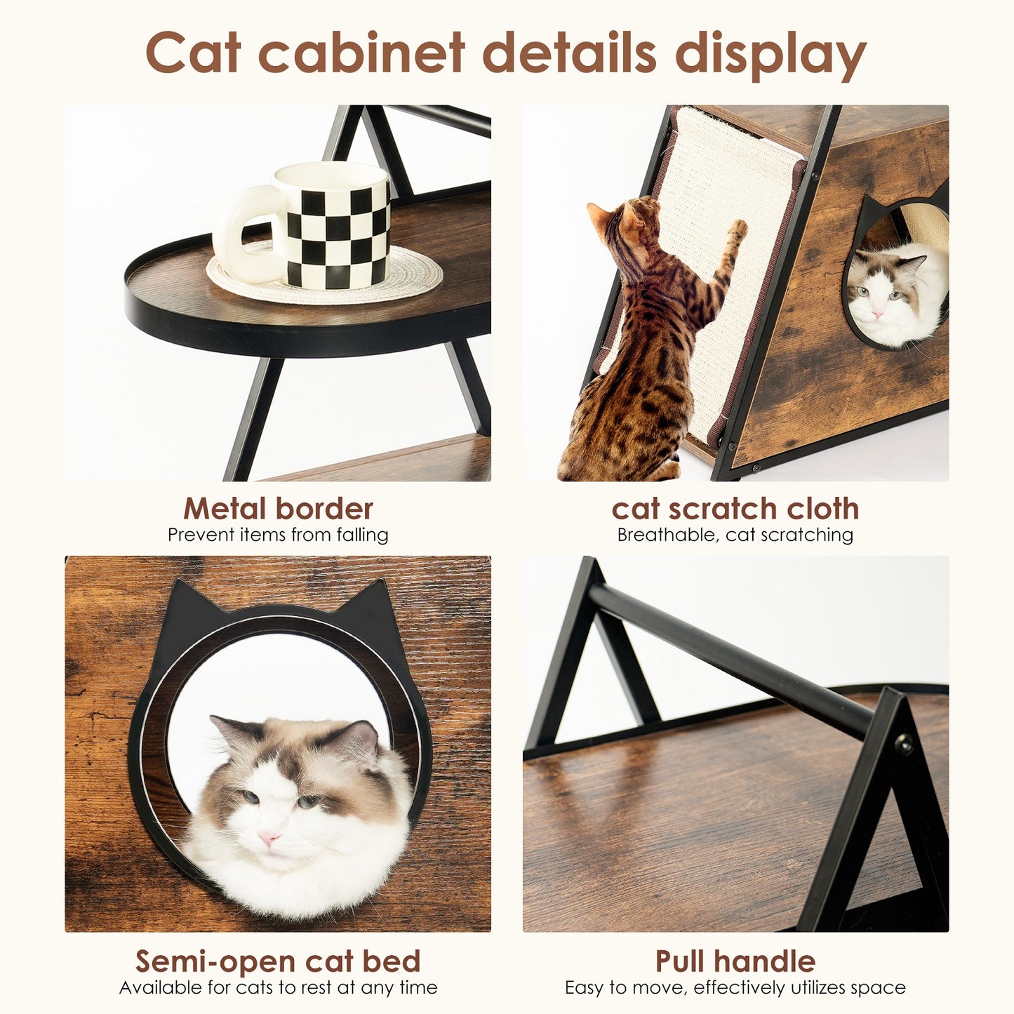 Algherohein Wood Side Table Cat House Box with Cat Scratcher,Home Storage Pet Condo Furniture,Brown