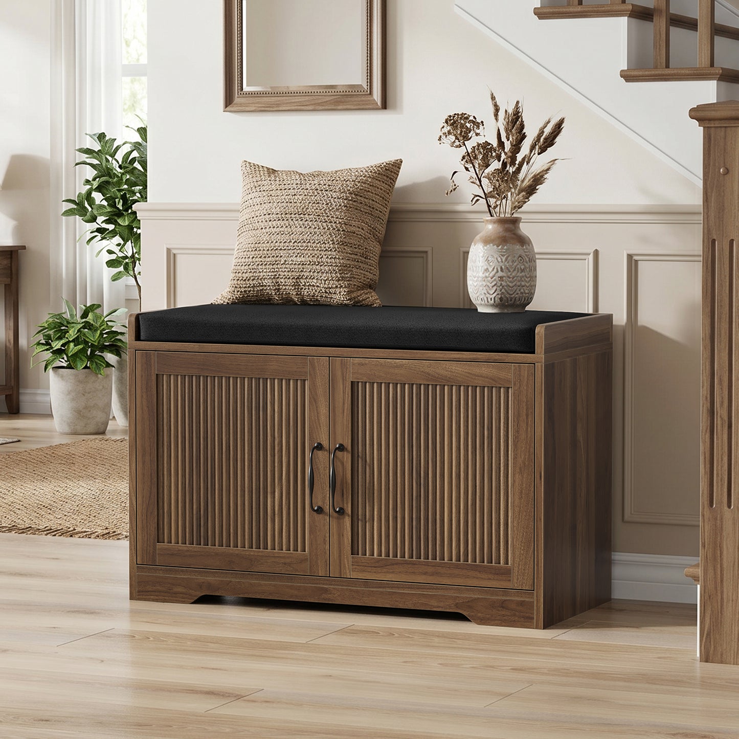 Algherohein Entryway Shoe Bench with Closed Storage Cabinet, Padded Seat Shoe Organizer Bench for Hallway