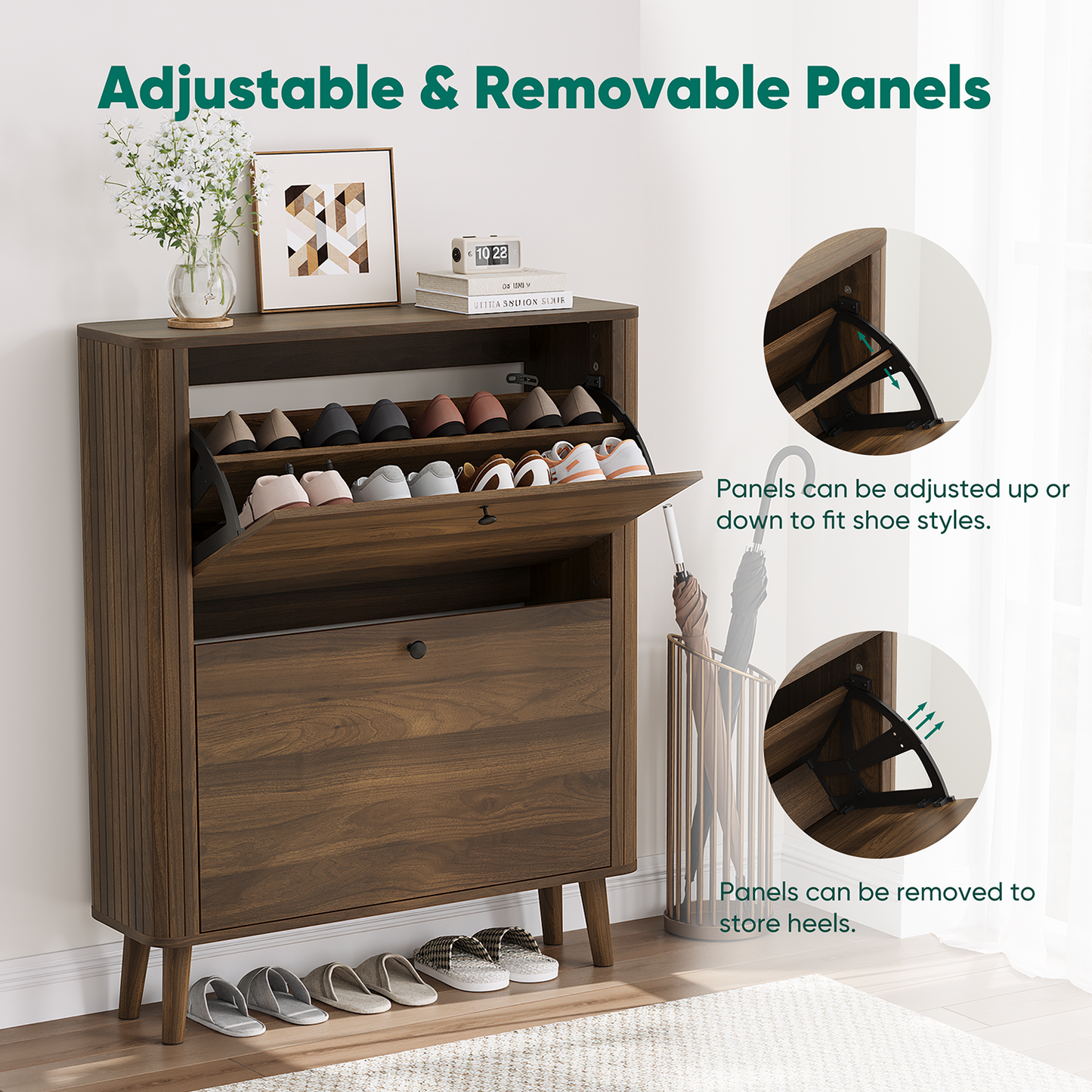 Semiocthome 31.5" Shoe Cabinet with 2 Flip Drawers, Curved Edge and Grille Stripe, Entryway, Walnut