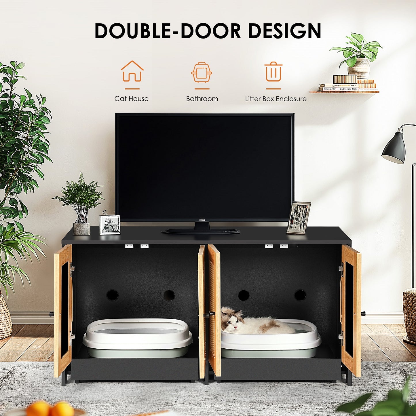 Algherohein Rattan Cat Litter Box Furniture,Litter Box Enclosure for 2 Cats,Black
