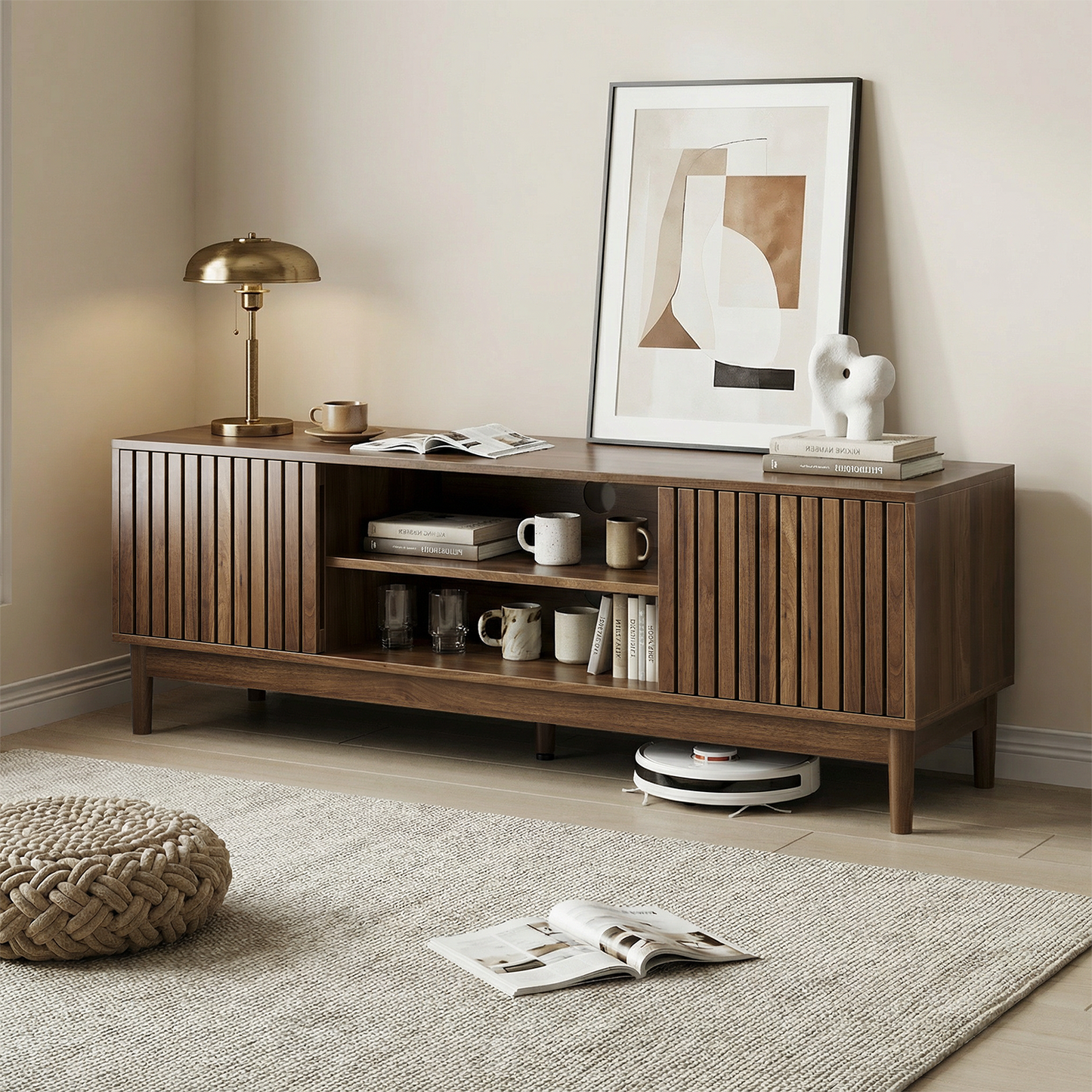 Semiocthome 55" TV Stand with Slatted Doors and Cable Holes, Entertainment Center for Living Room, Walnut