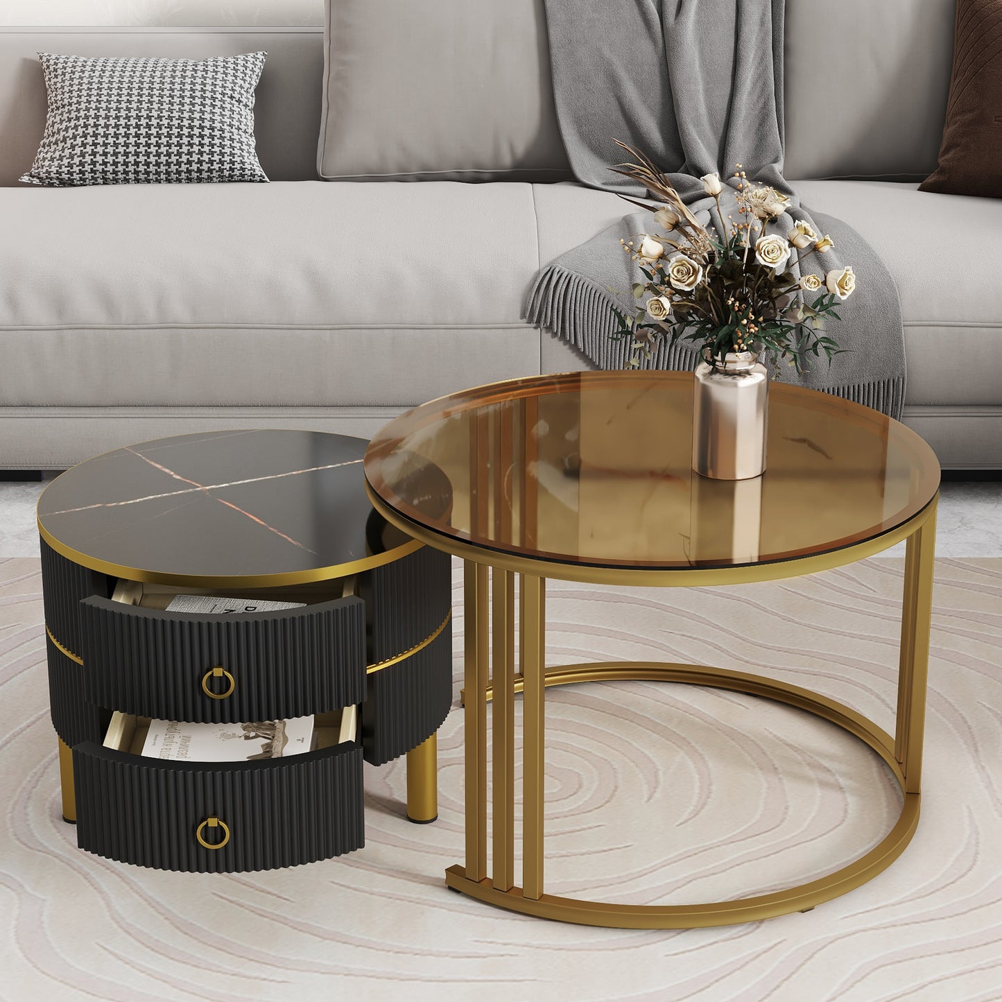 Semiocthome Modern Nesting Coffee Table with 2 Drawer and Tempered Glass Tabletop,Living Room