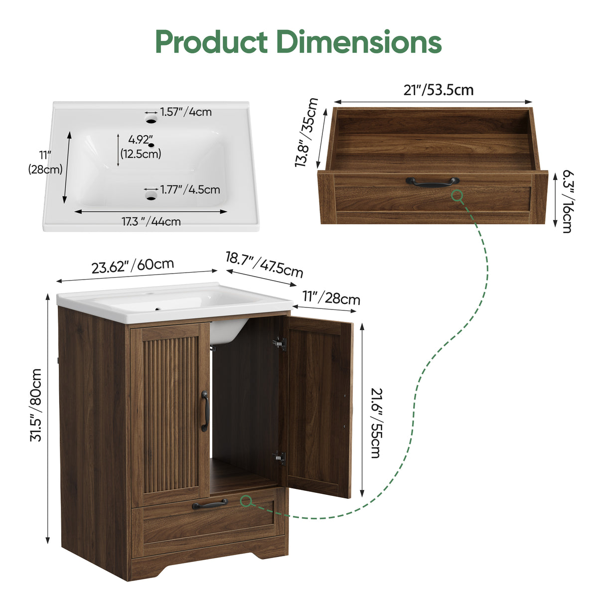 Smuxee 24 Inch Freestanding Bathroom Vanity with Sink, Fluted Cabinet Doors & Storage Drawer, Wood Grain Bathroom Sink Cabinet, Walnut