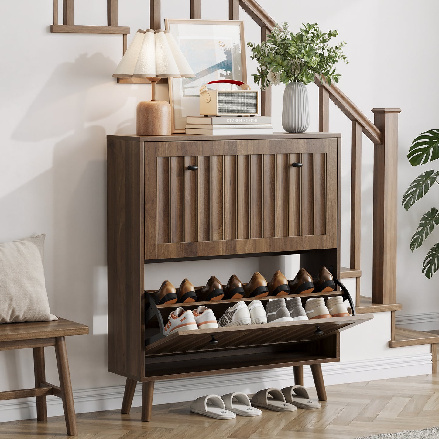 Semiocthome 31.5" Shoe Cabinet with 2 Flip Drawers, Farmhouse Shoe Rack for Entryway ,Walnut