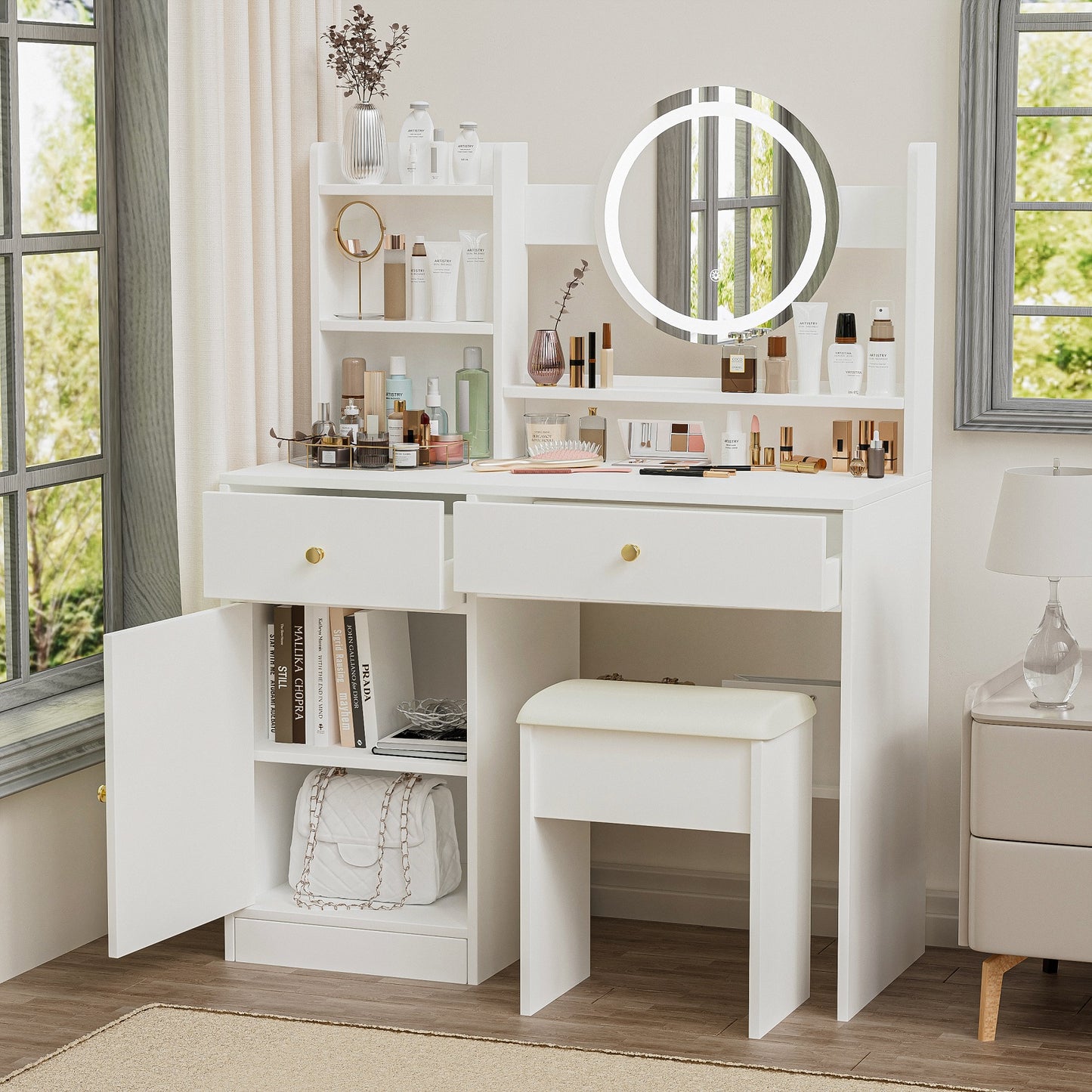 Smuxee Modern Vanity Set with Mirror and Cushioned Vanity Chair,Makeup Vanity for Bedroom,White
