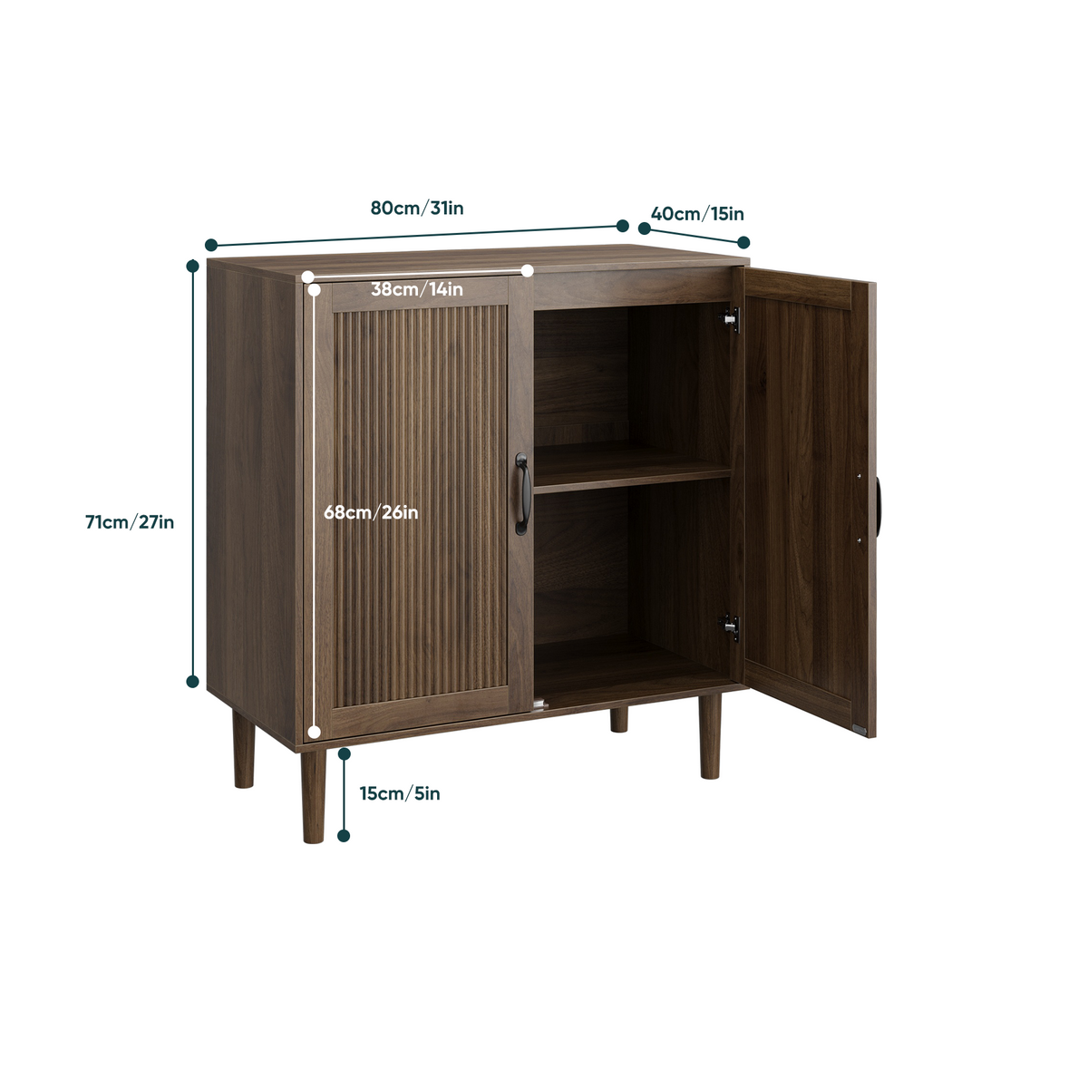 Semiocthome 31.5” Buffet Cabinet with 2 Doors and Adjustable Shelf, Gradien Fluted Design, Kitchen, Walnut