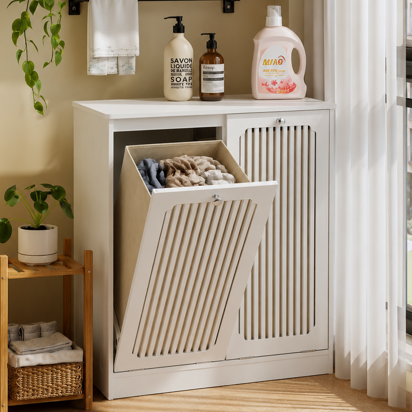Semiocthome Bathroom Cabinet Laundry Basket Cabinet with Slatted Door and Adjustable Shelf, Laundry Room, Bedroom, White
