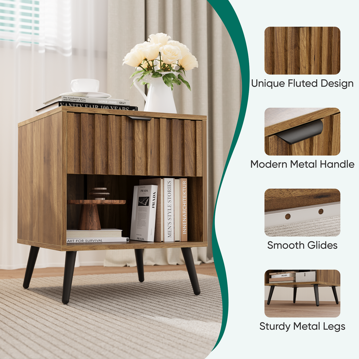 Algherohein Night Stands for Bedroom,Modern End Tables for Living Room with Fluted Drawer,Walnut