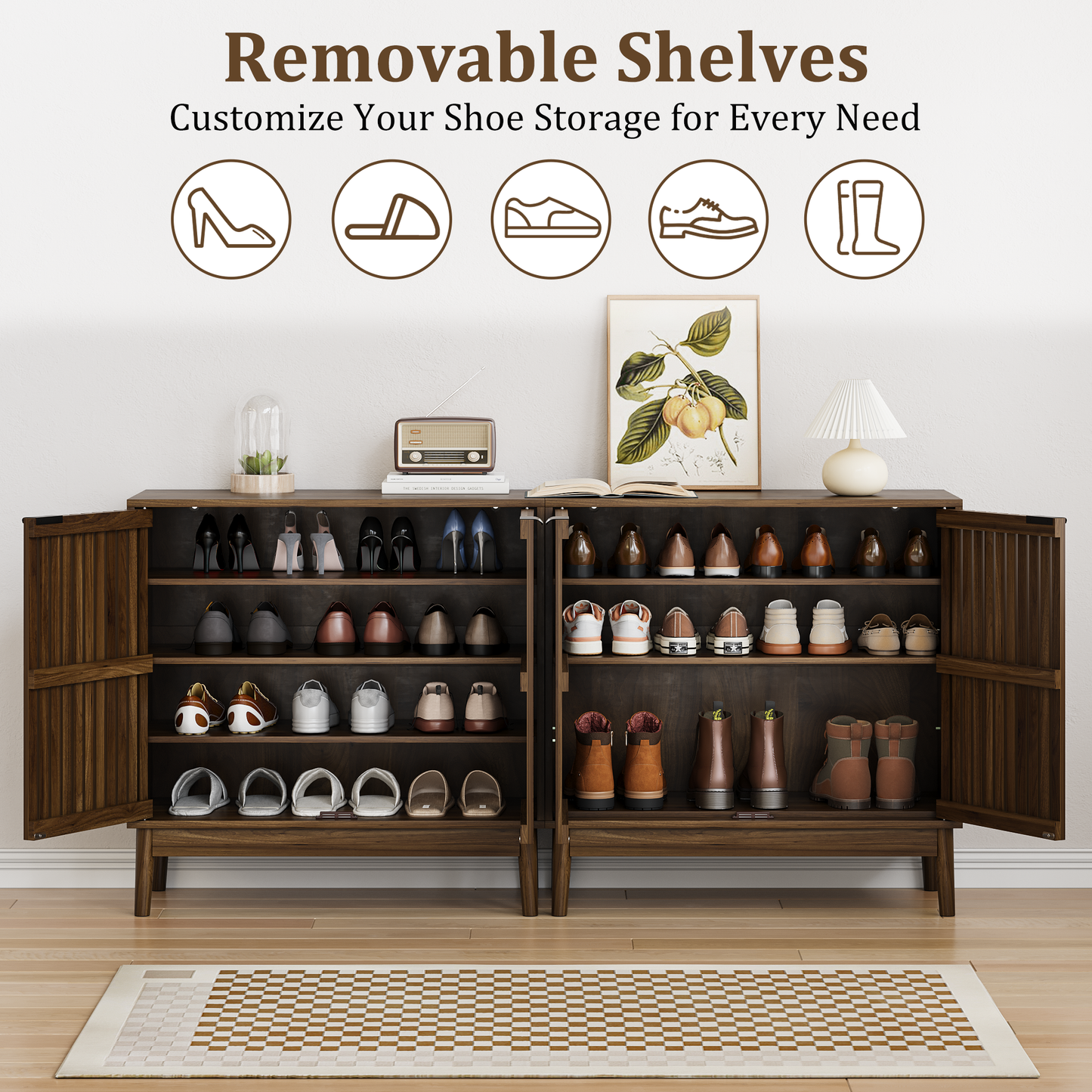 Semiocthome 4 Tiers Shoe Storage Cabinet for Hallway, 2-Door, 16 Pairs Shoe Rack Organizer, Walnut
