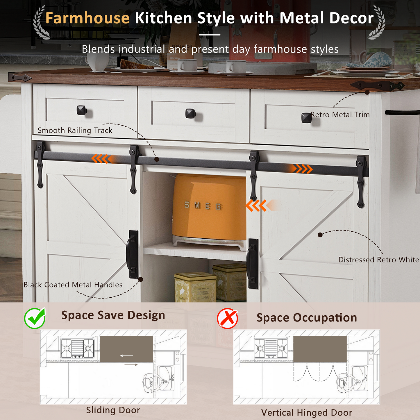 Algherohein Kitchen Island Cart with 2 Sliding Door and 3 Drawer,Storage Microwave Cart