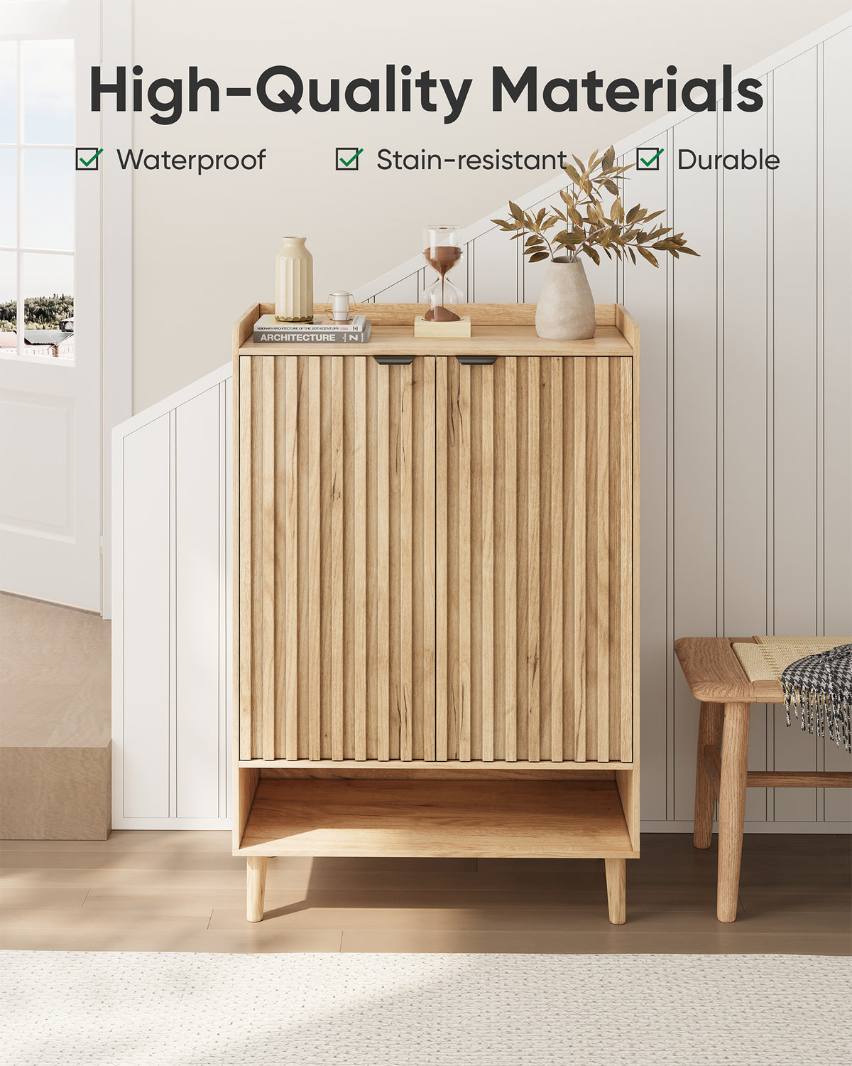 Smart FENDEE 6-Tier Shoe Storage Cabinet with 2 Fluted Doors, Entryway Shoe Storage, Natural