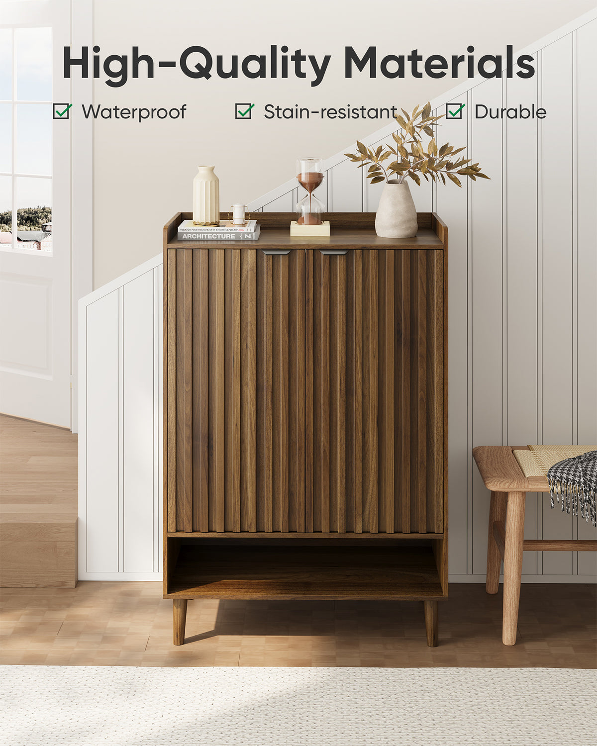 Smart FENDEE 6-Tier Shoe Storage Cabinet with 2 Fluted Doors, Entryway Shoe Storage, Walnut