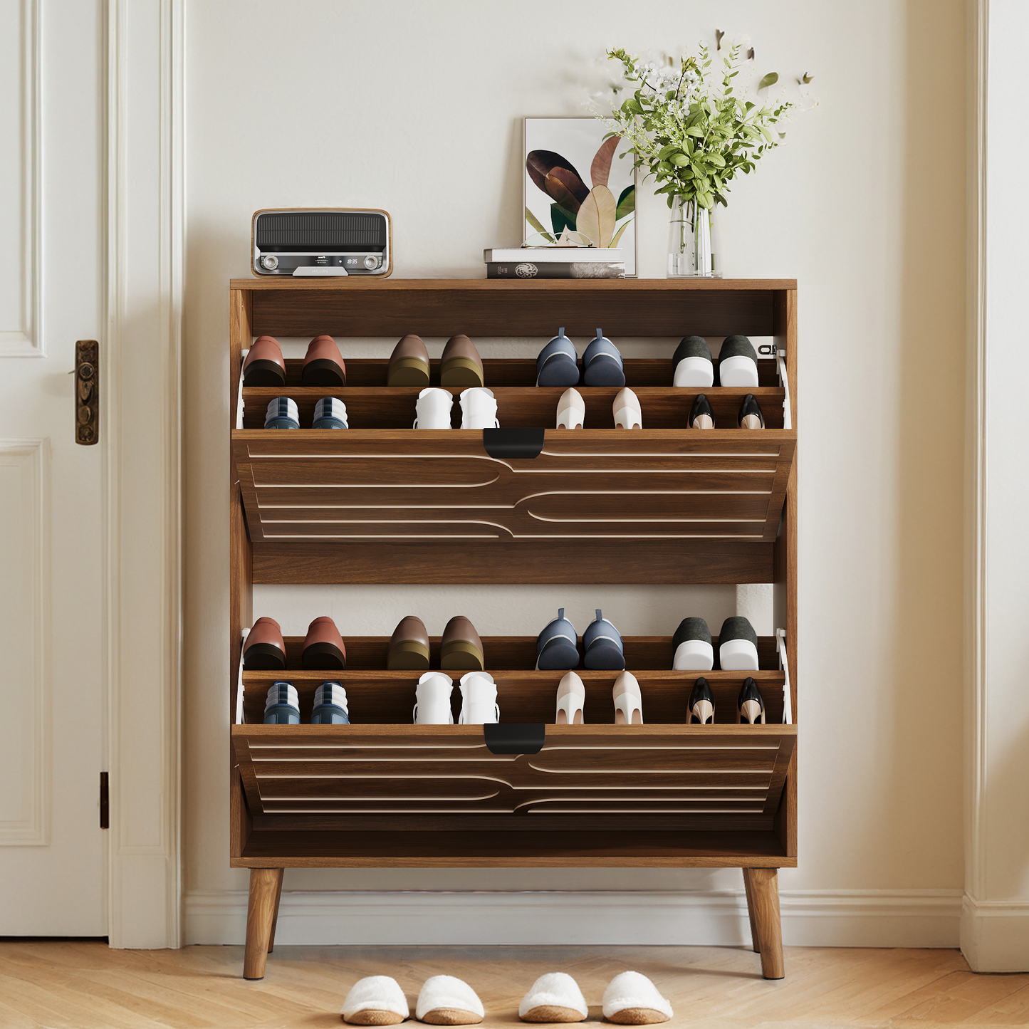 Semiocthome Shoe Cabinet with 2 Flip Drawers, Wood Shoe Organizer for Entryway, Walnut