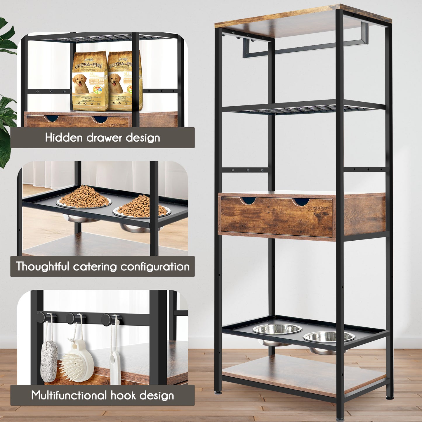 Smart FENDEE Dog Feeder Station with 3 Adjustable Raised Dog Bowls and Shelves for Living Room,Brown