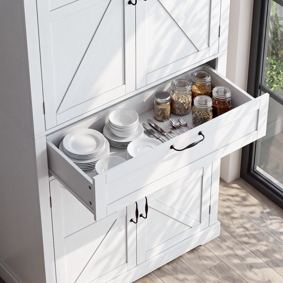 Semiocthome 67.5" Tall Kitchen Pantry Cabinet, Farmhouse Storage Cabinet with Barn Doors and Drawer, Buffet Hutch Cupboard with Adjustable Shelves for Dining Room, White