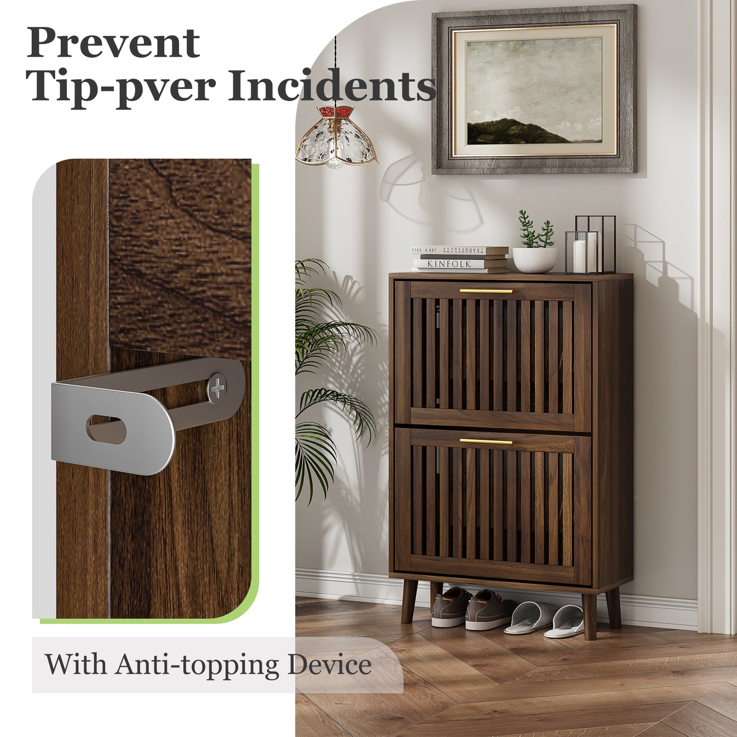 Semiocthome 23.6" Shoe Storage Cabinet with 2 Flip Louvered Drawers for Entryway, Hallway, Walnut