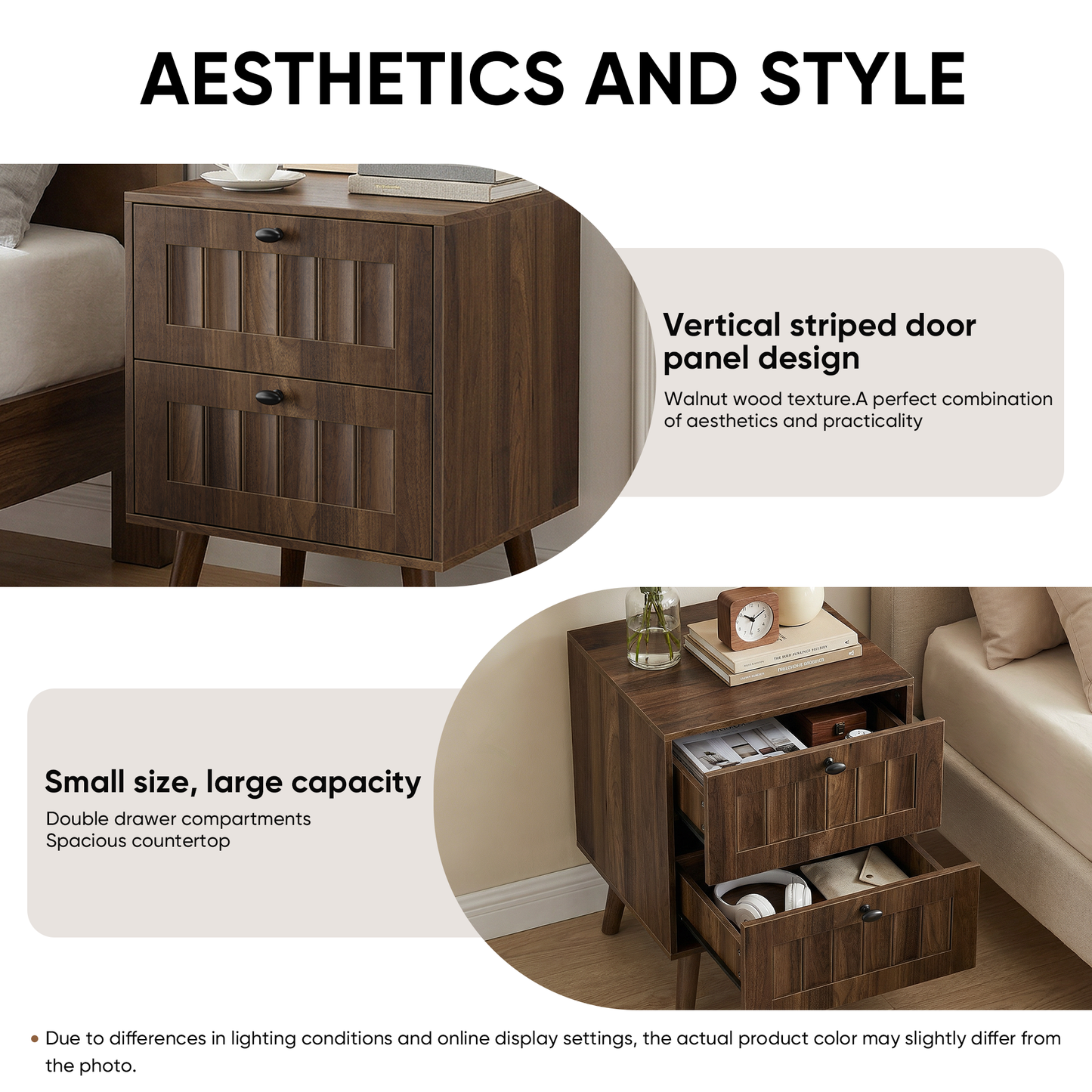 Semiocthome Nightstand Set of 2, bedside table with 2 Drawers, end tables for bedroom, Walnut