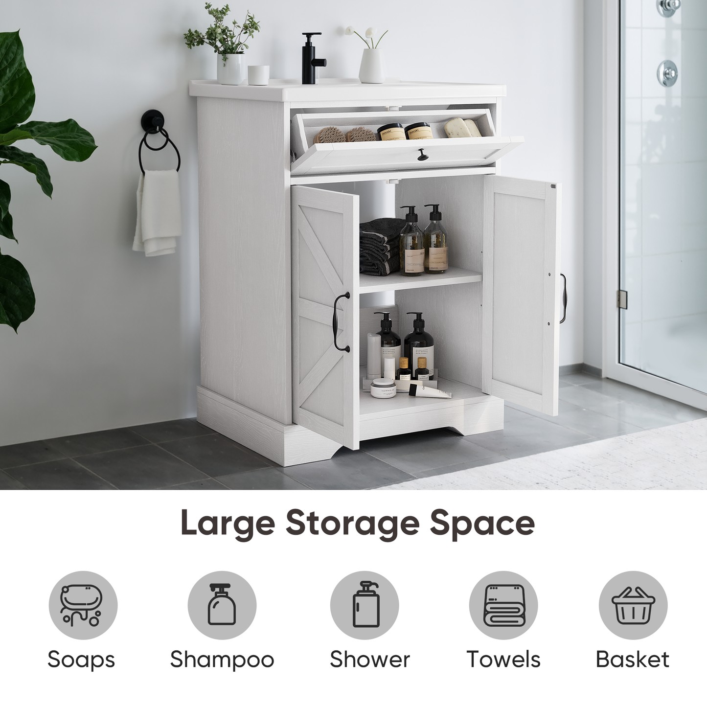 24" Bathroom Vanity with Ceramic Sink, Freestanding Bathroom Storage Cabinet with Barn Door and Flip-Down Drawer, White