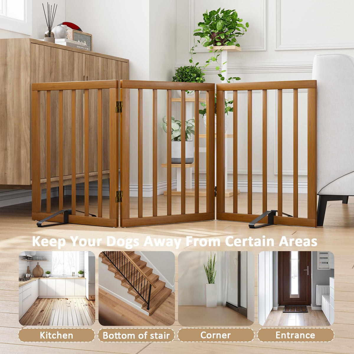 Smart FENDEE Bamboo Dog Gate Freestanding Pet Gate with 2 Support Feet for Doorways,Walnut,24"H