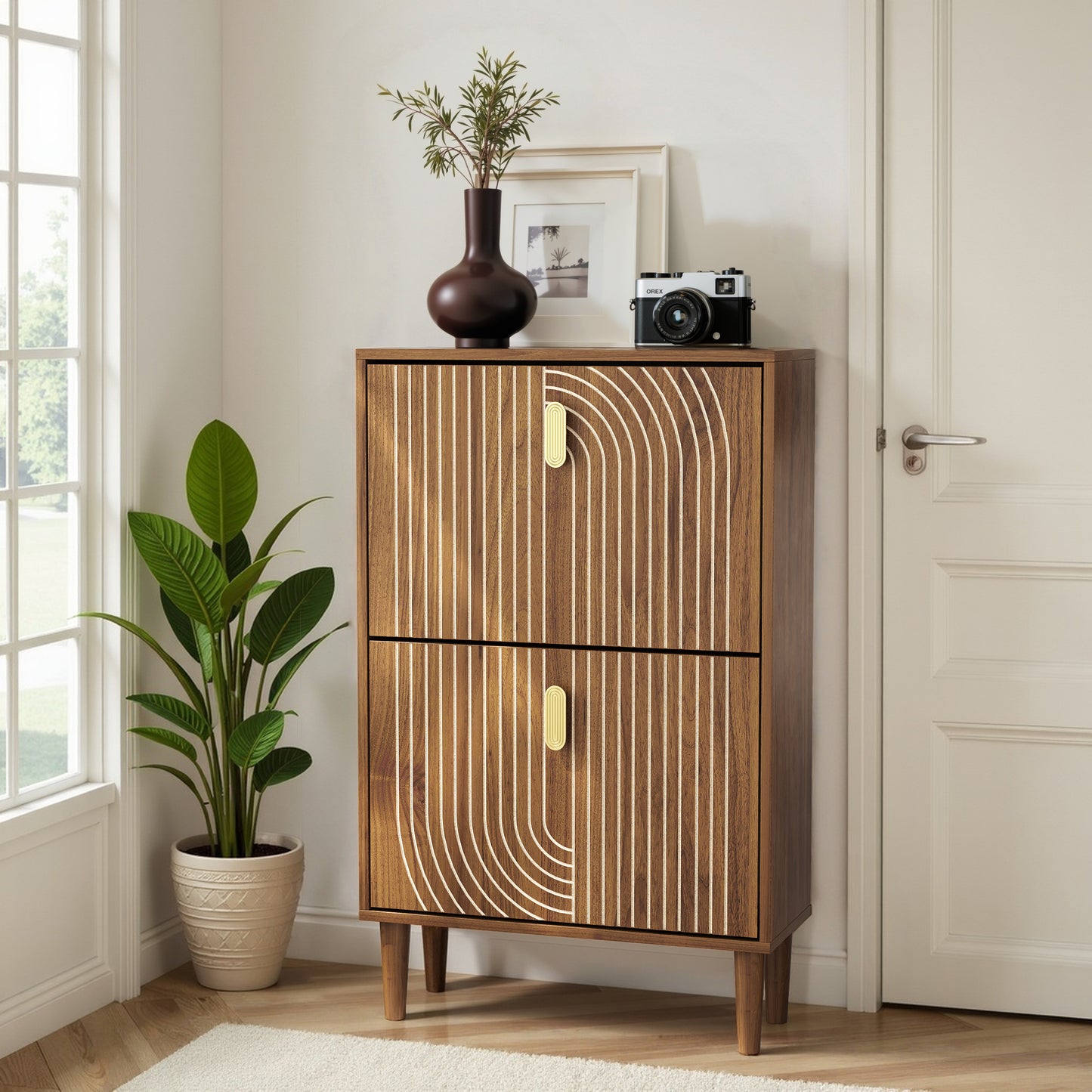 Semiocthome 23.6" Shoe Cabinet with 2 Flip Drawers and Line Groove Design, Entryway, Walnut