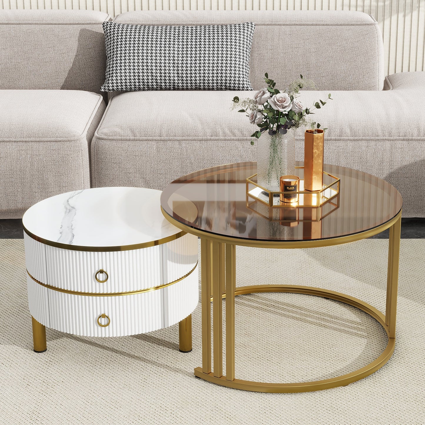 Semiocthome Modern Nesting Coffee Table with 2 Drawer and Tempered Glass Tabletop,Living Room
