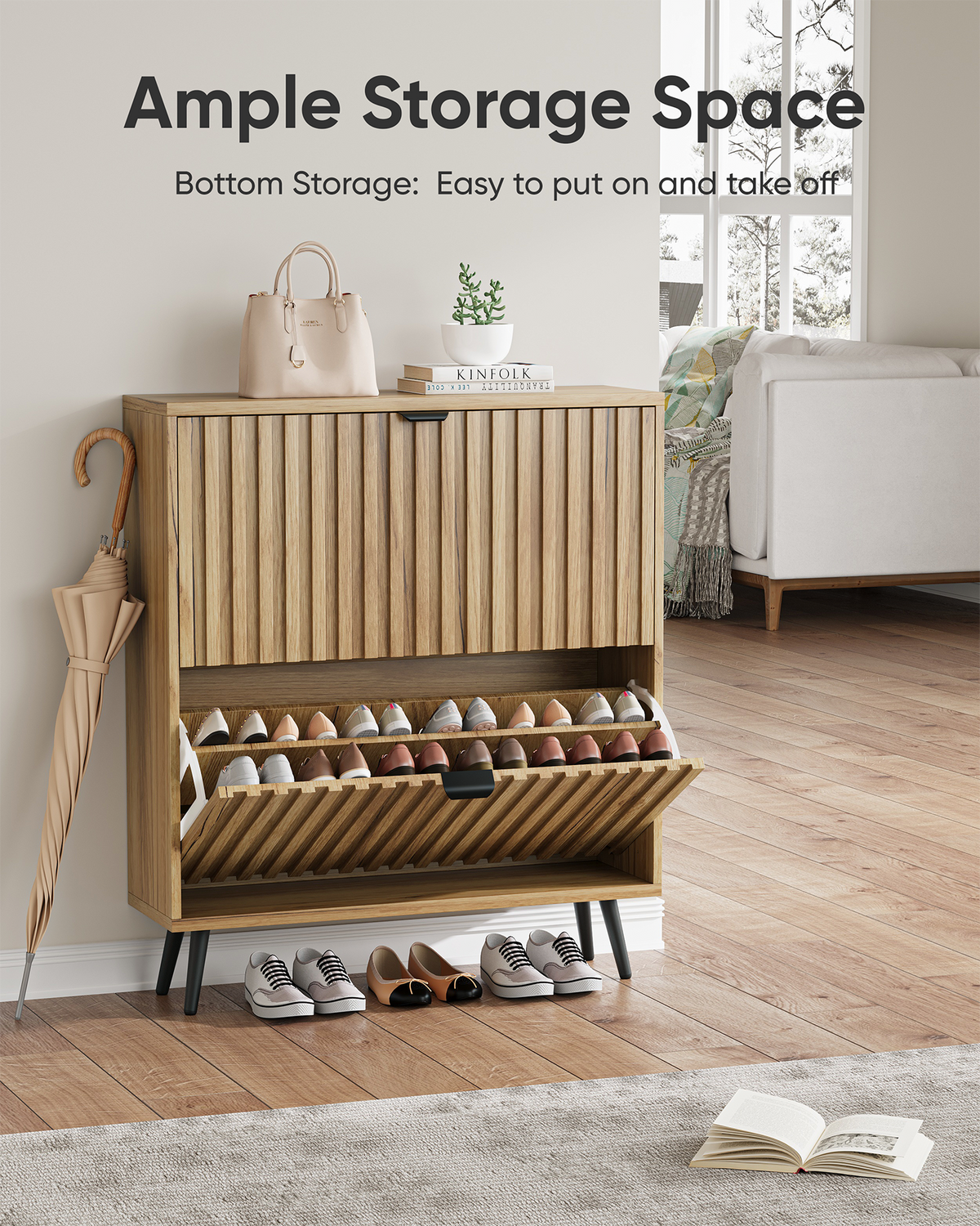 Smart FENDEE Shoe Cabinet with 2 Flip Drawers Freestanding Shoe Storage Cabinet, Entryway, Natural