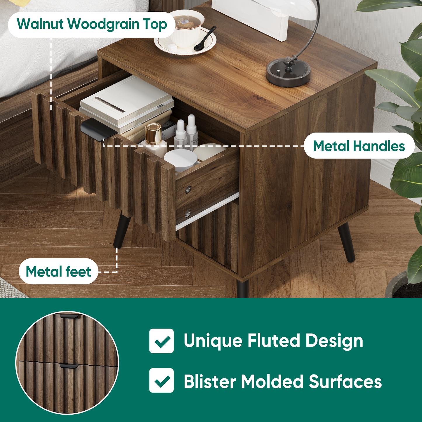 Algherohein Night Stands for Bedroom,Modern End Tables for Living Room with Fluted Drawer,Walnut