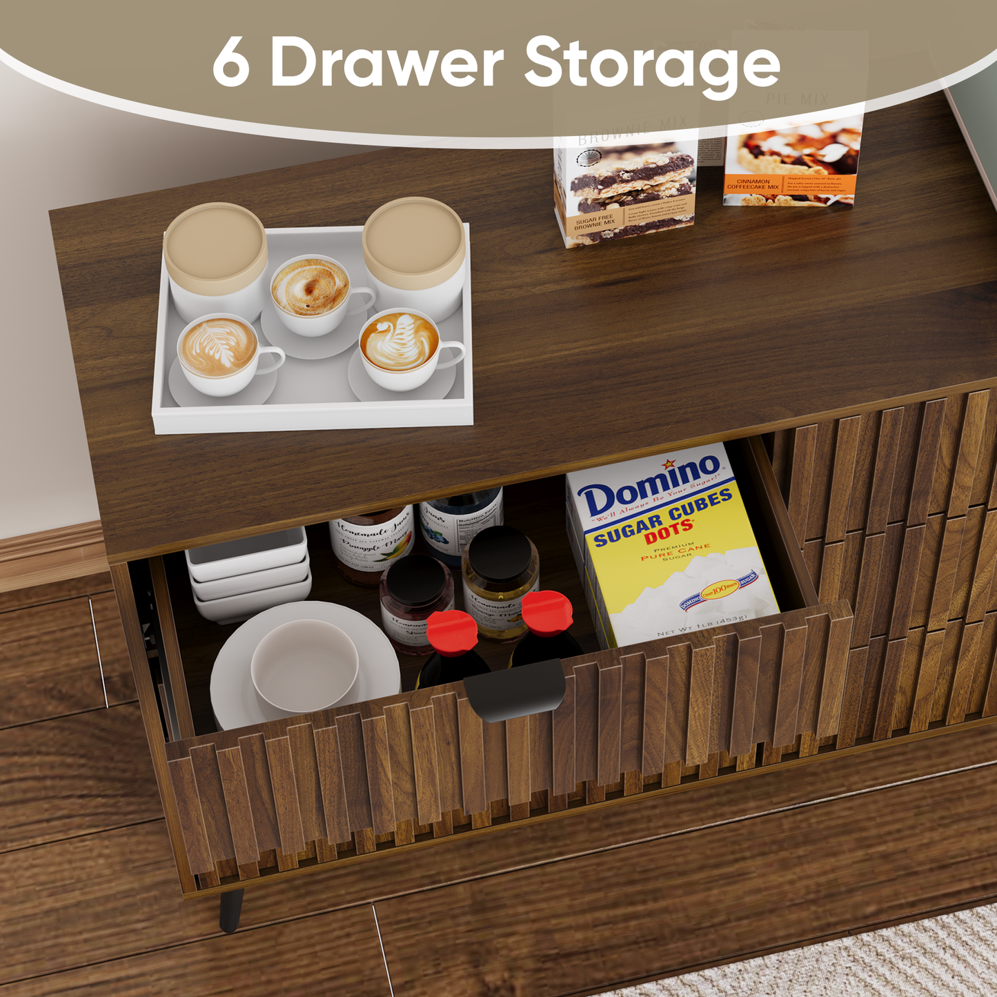 Semiocthome Dresser with 6 Fluted Drawers, Chest of Drawers, Storage Cabinet for Bedroom, Walnut,