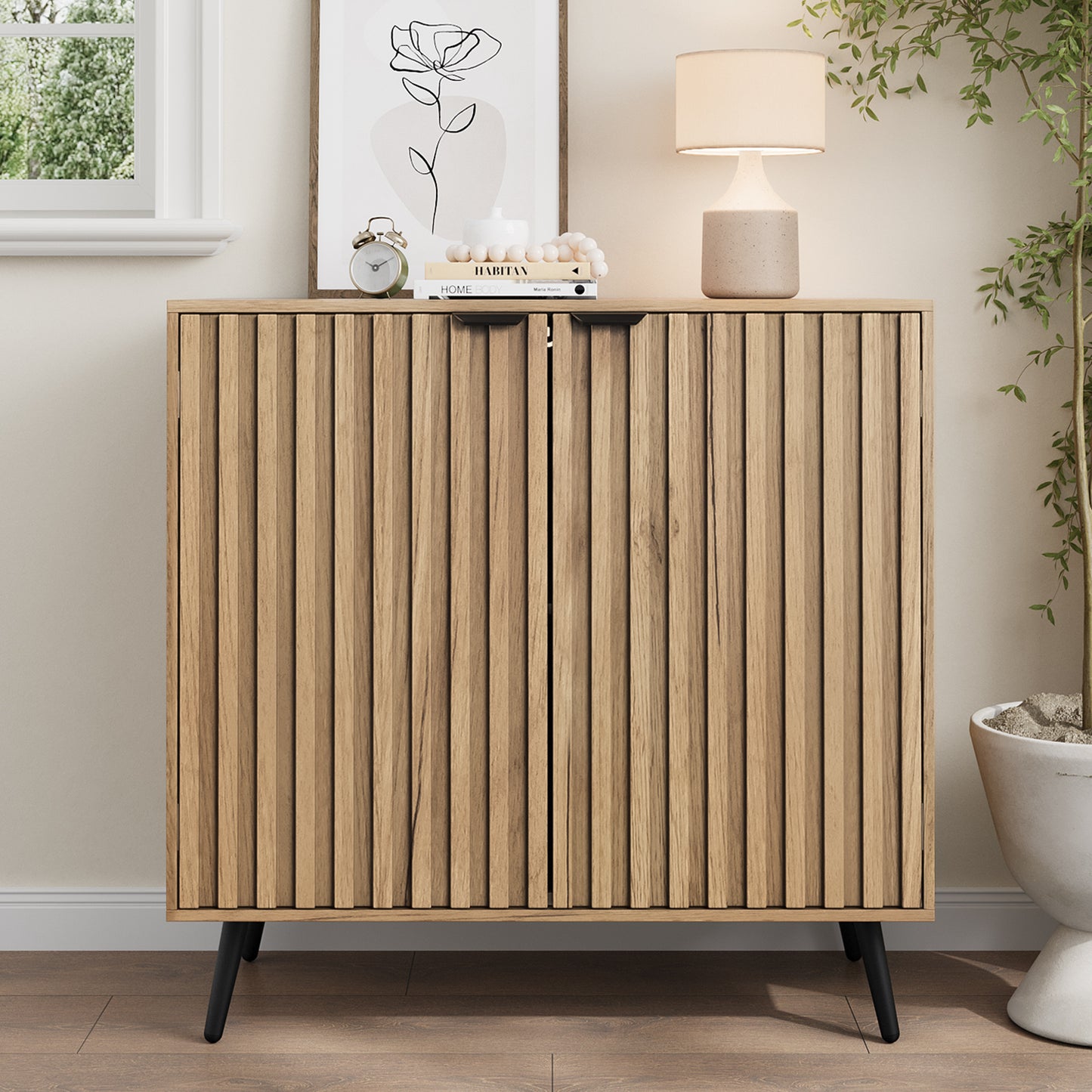 Semiocthome Sideboard Cabinet with 2 Fluted Doors and 1 Adjustable Shelves for Dining Room, Natural