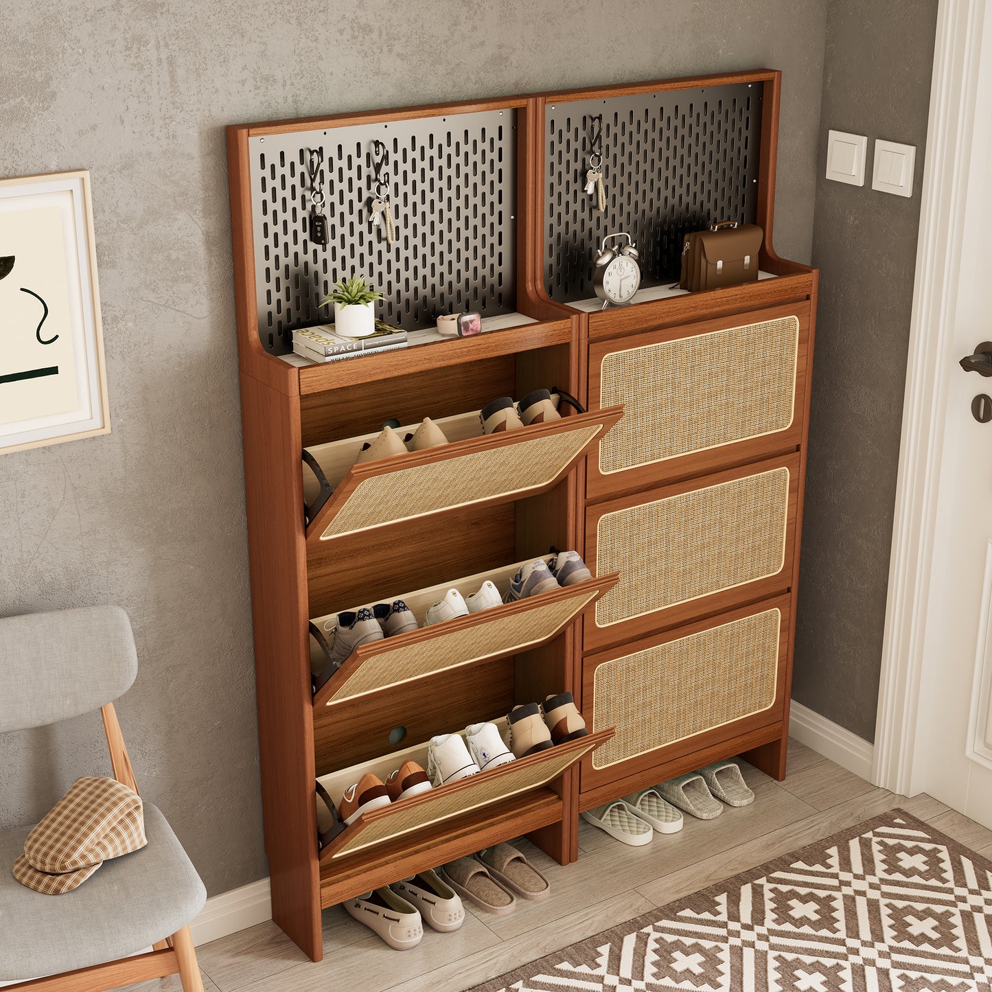 Smart FENDEE Modern Shoe Cabinet with Flip Drawer and Black Pegboard Shoe Rack for Entryway,Walnut