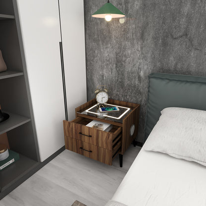 Algherohein Smart LED Nightstand with Charging Station and Bluetooth Speaker,2 Drawers,Brown