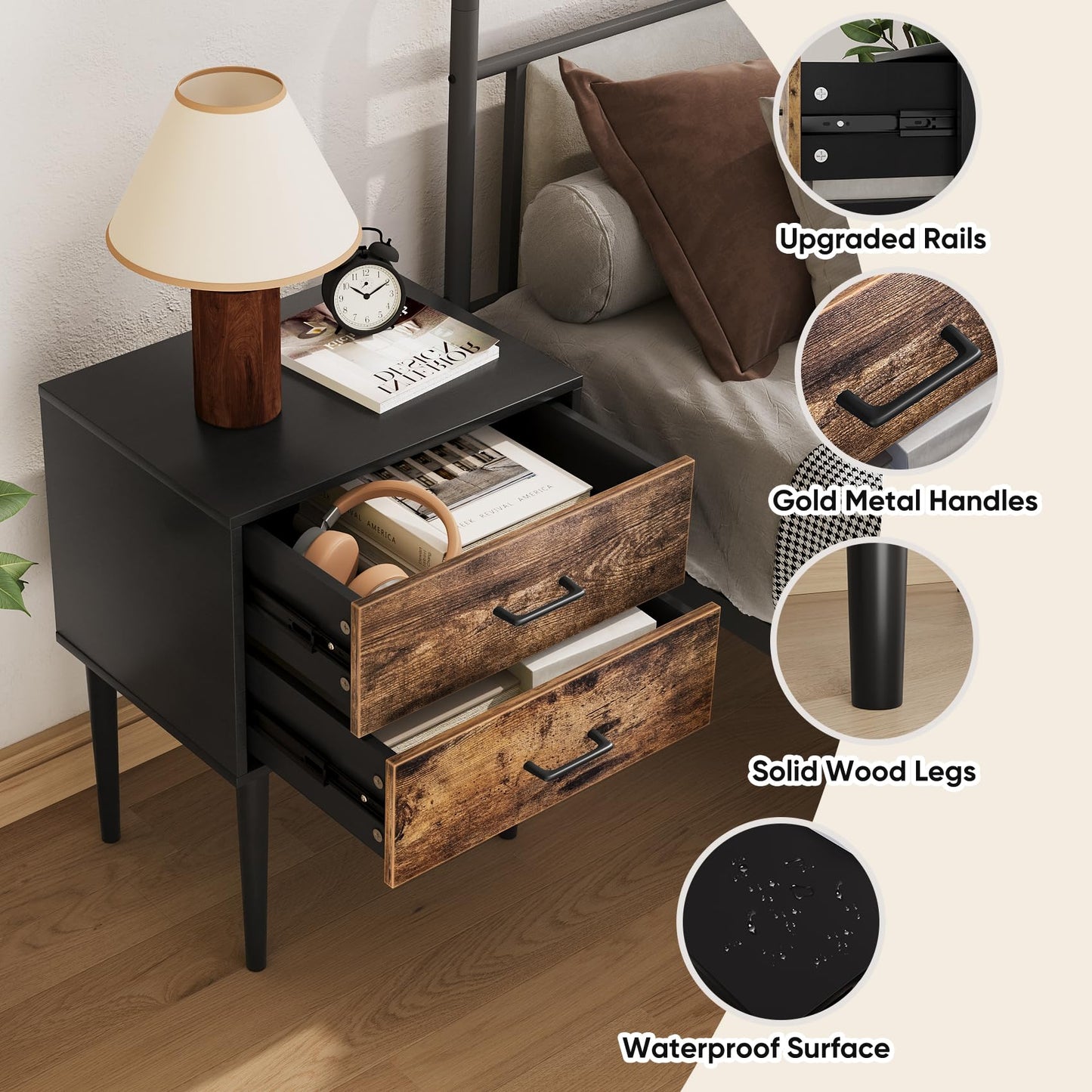 Algherohein Classic Morden Nightstand with 2 Drawers for Bedroom