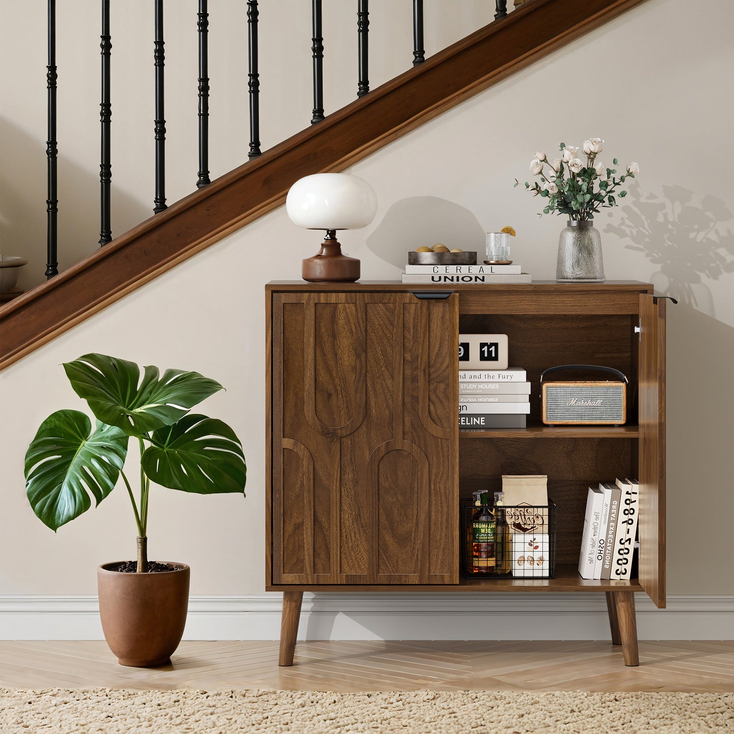 Semiocthome 32" Farmhouse Sideboard Buffet Cabinet, Wood Storage Cabinet, Walnut