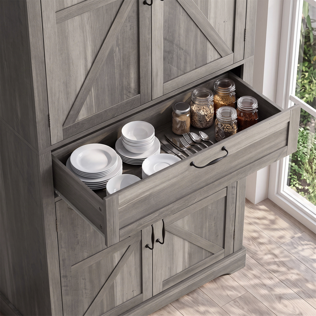 Semiocthome 67.5" Tall Kitchen Pantry Cabinet, Farmhouse Storage Cabinet with Barn Doors and Drawer, Buffet Hutch Cupboard with Adjustable Shelves for Dining Room, Gray