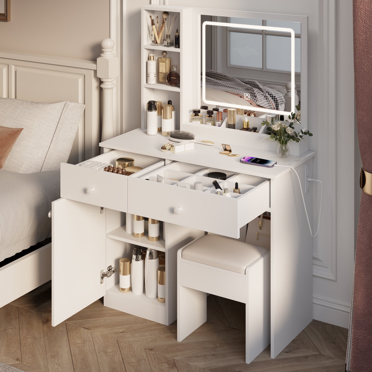 Smart FENDEE Modern Vanity with Makeup Stool Dressing Table with hair dryer holder,Bedroom,White