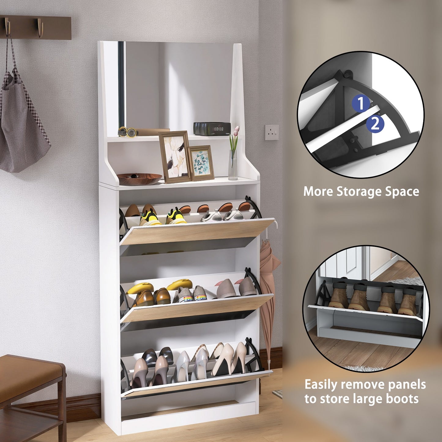 Algherohein Shoe Storage Cabinet with Mirrors,3 Srawers Shoe Rack for Entryway,White