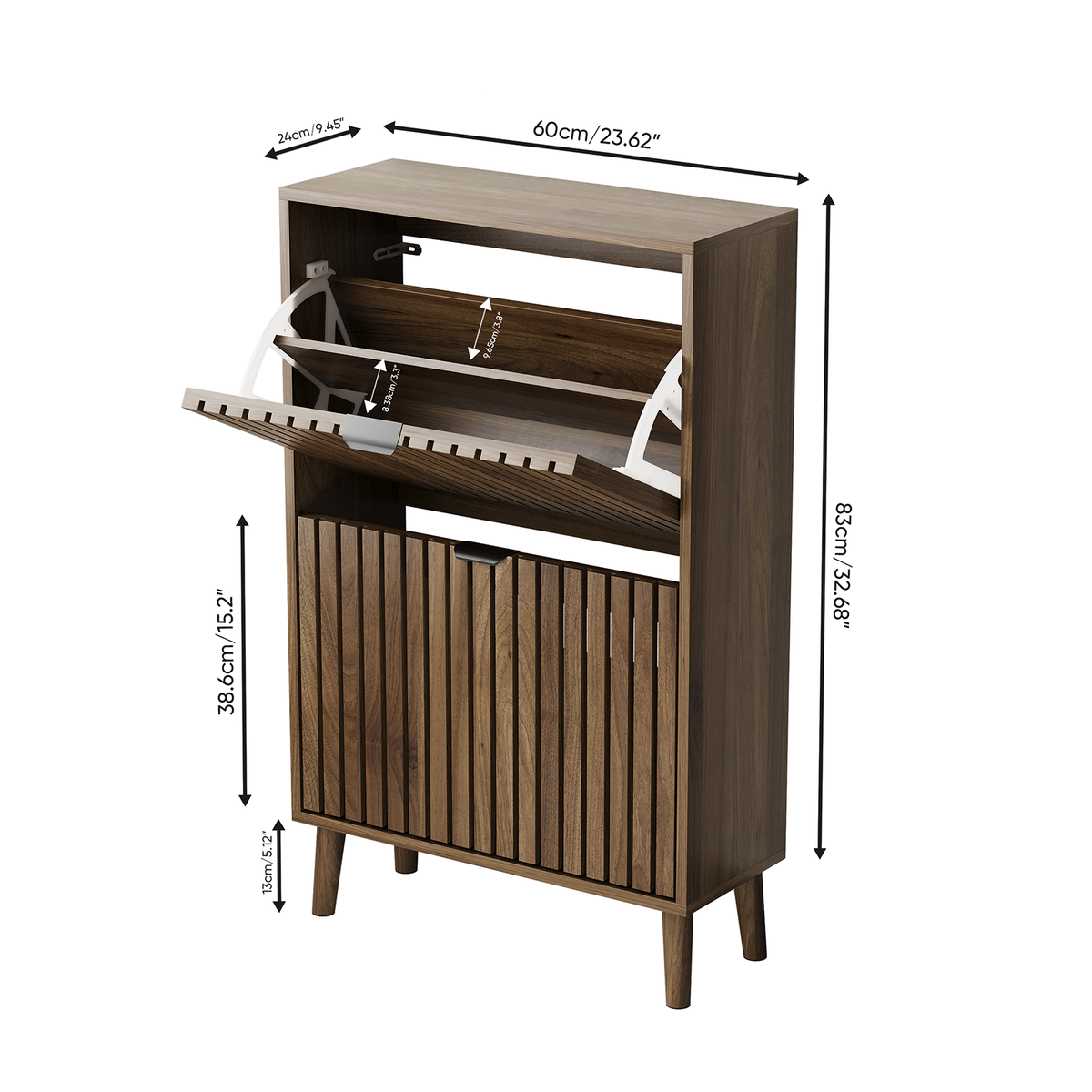 Semiocthome 23.6" Shoe Cabinet, Shoe Storage Cabinet with 2 Flip Drawers, Ventilated Grille Design,Tall Legs,Entryway, Walnut